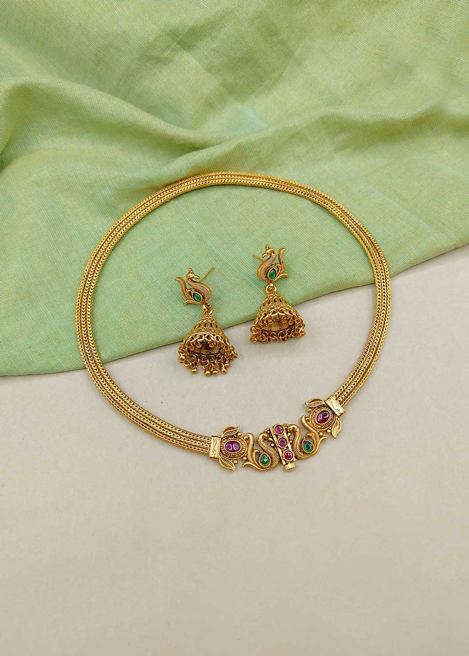 Vintage Style Antique Gold Plated Kemp Peacock Motif Short Necklace Set With Jhumkas