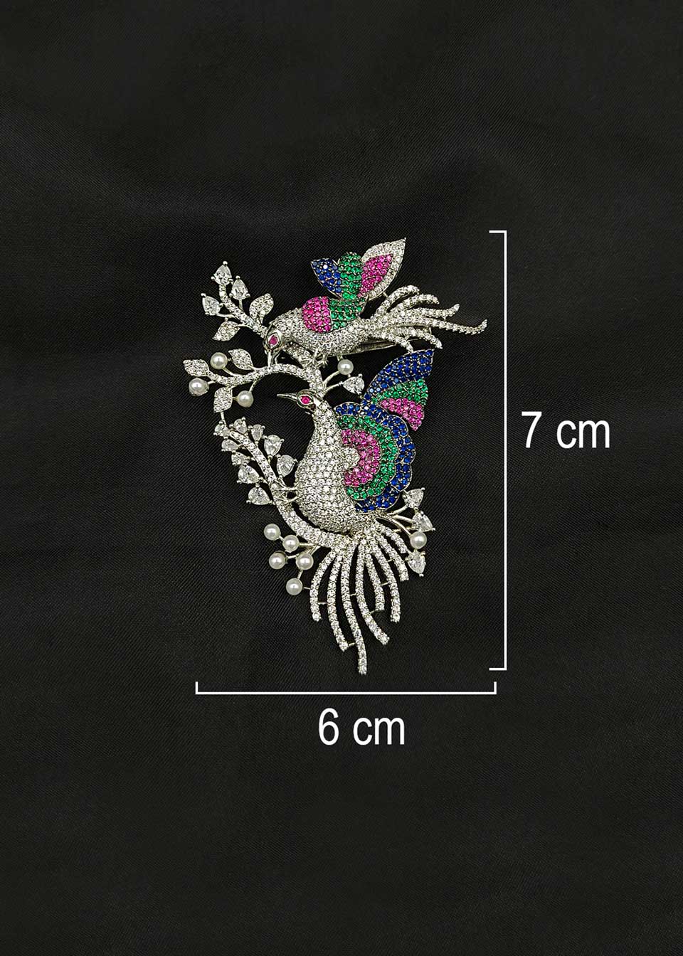 Multicolor Cubic Zircon Dual Peacock Design Silver Plated Brooch / Lapel Pin For Men