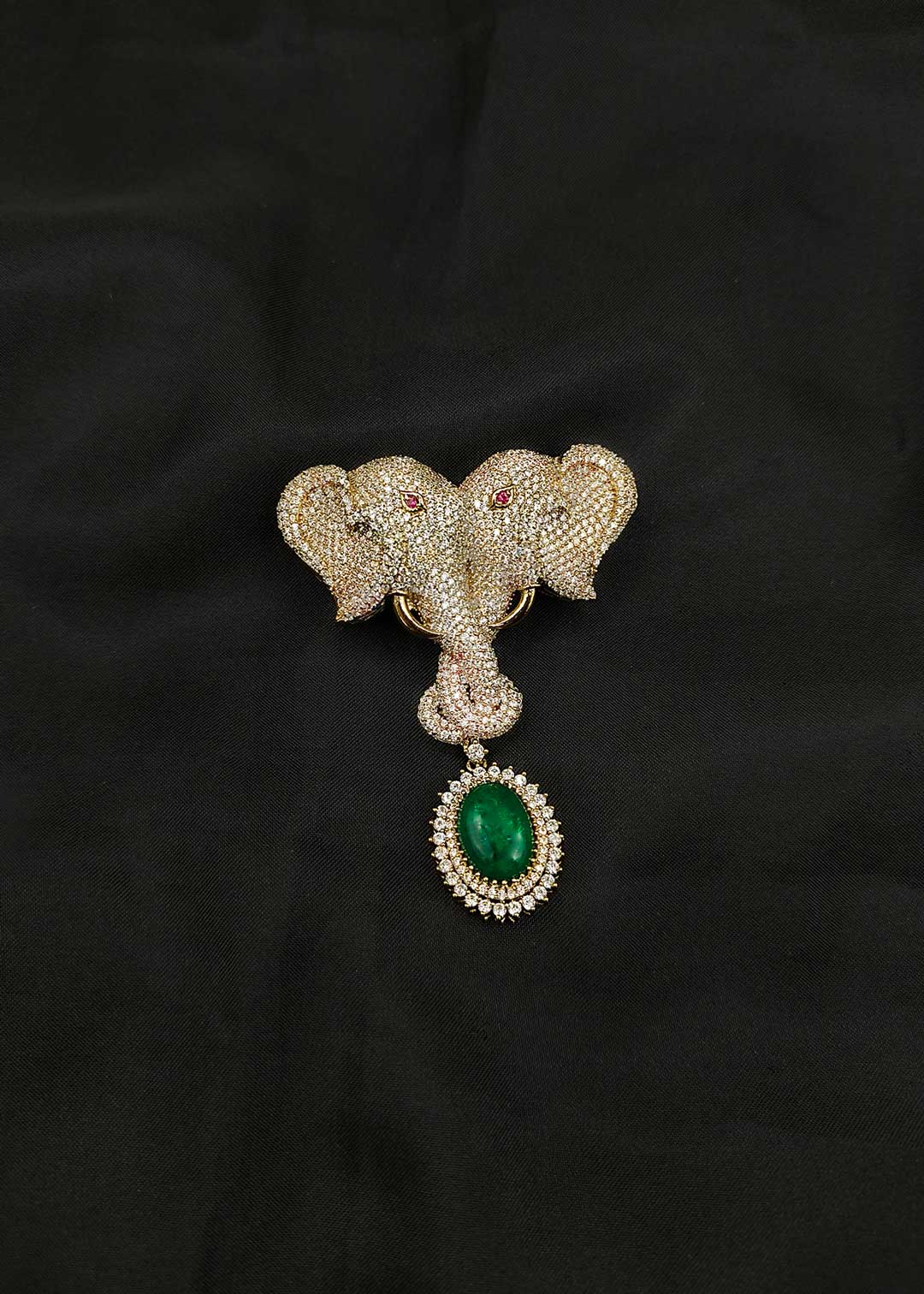 Statement Dual Elephant Motif Cubic Zircon Antique Gold Brooch / Lapel Pin For Men