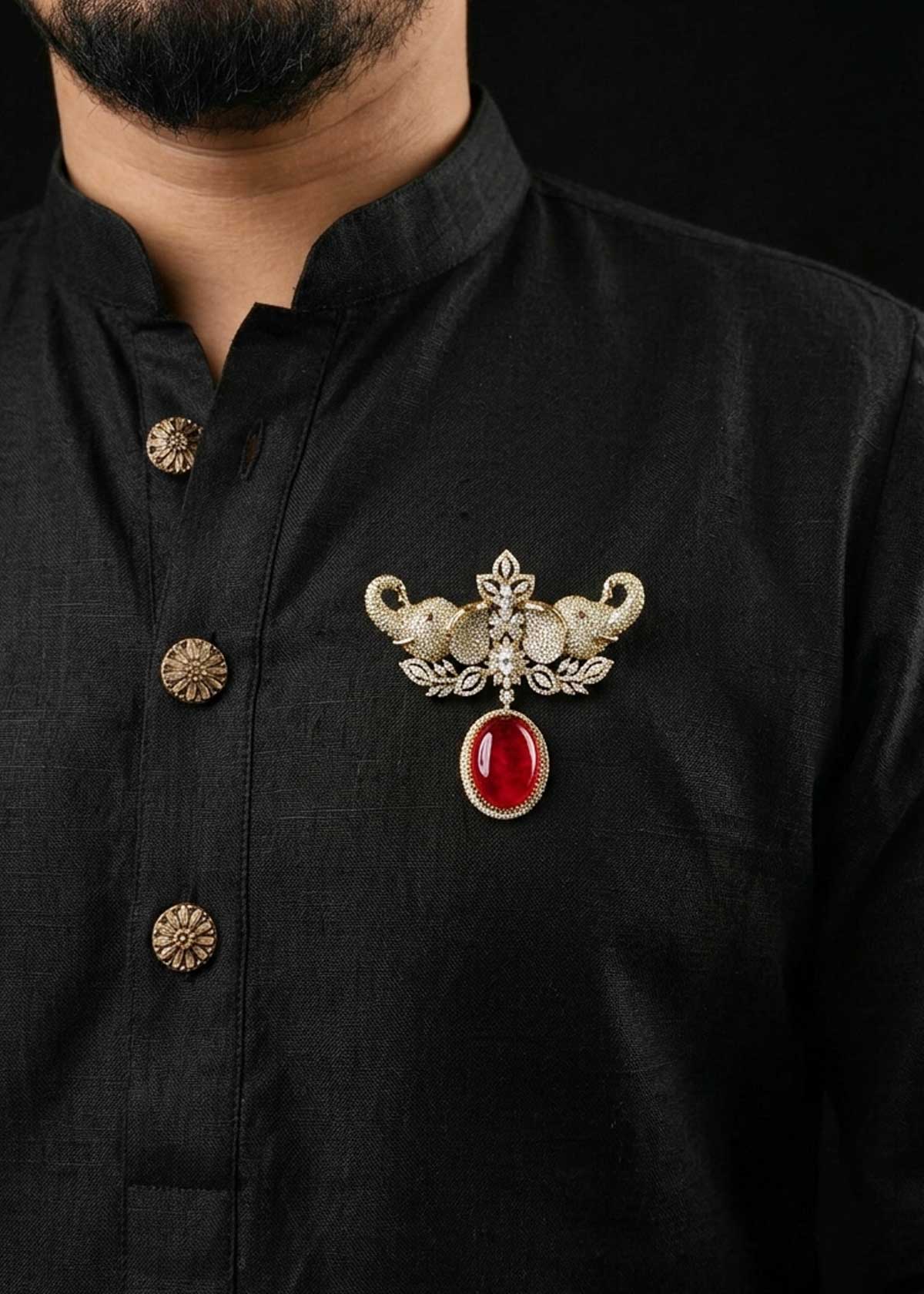 Regal Double Elephant Motif Pink Cubic Zircon And Marquise Antique Gold Brooch / Lapel Pin For Men