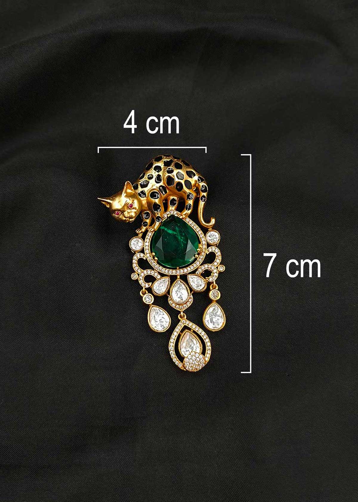 Gold Plated Leopard Motif Emerald, Kundan, Cubic Zircon With Meenakari Men’s Brooch / Lapel Pin