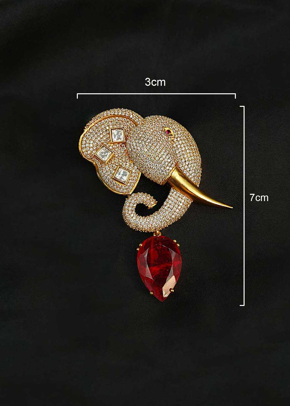 Majestic Elephant Motif Kundan & Cubic Zircon Antique Gold Plated Men’s Brooch / Lapel Pin With Ruby Drop