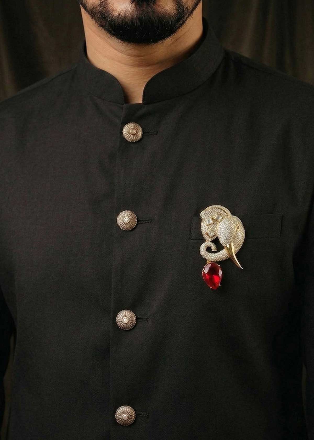 Majestic Elephant Motif Kundan & Cubic Zircon Antique Gold Plated Men’s Brooch / Lapel Pin With Ruby Drop