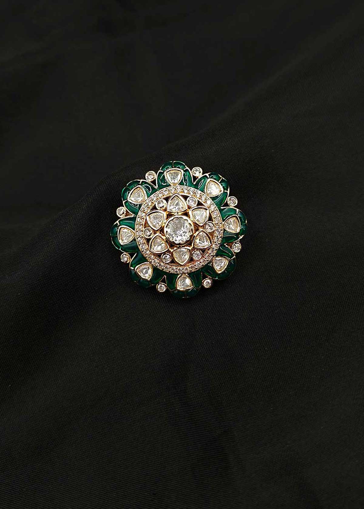 Floral Design Cubic Zircon And Kundan Gold Plated Men’s Brooch / Lapel Pin