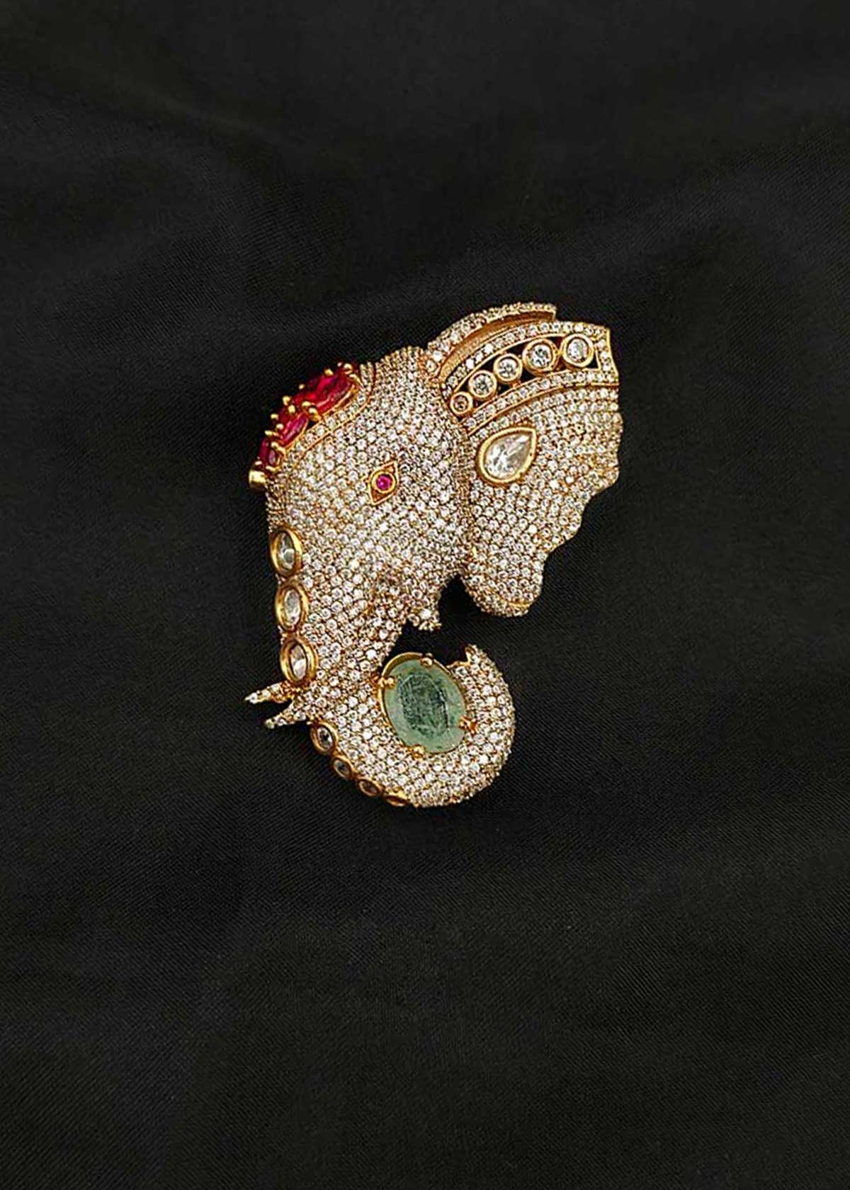Traditional Kundan, Cubic Zircon Gold Plated Elephant Motif Men’s Brooch / Lapel Pin With Emerald & Ruby Accents