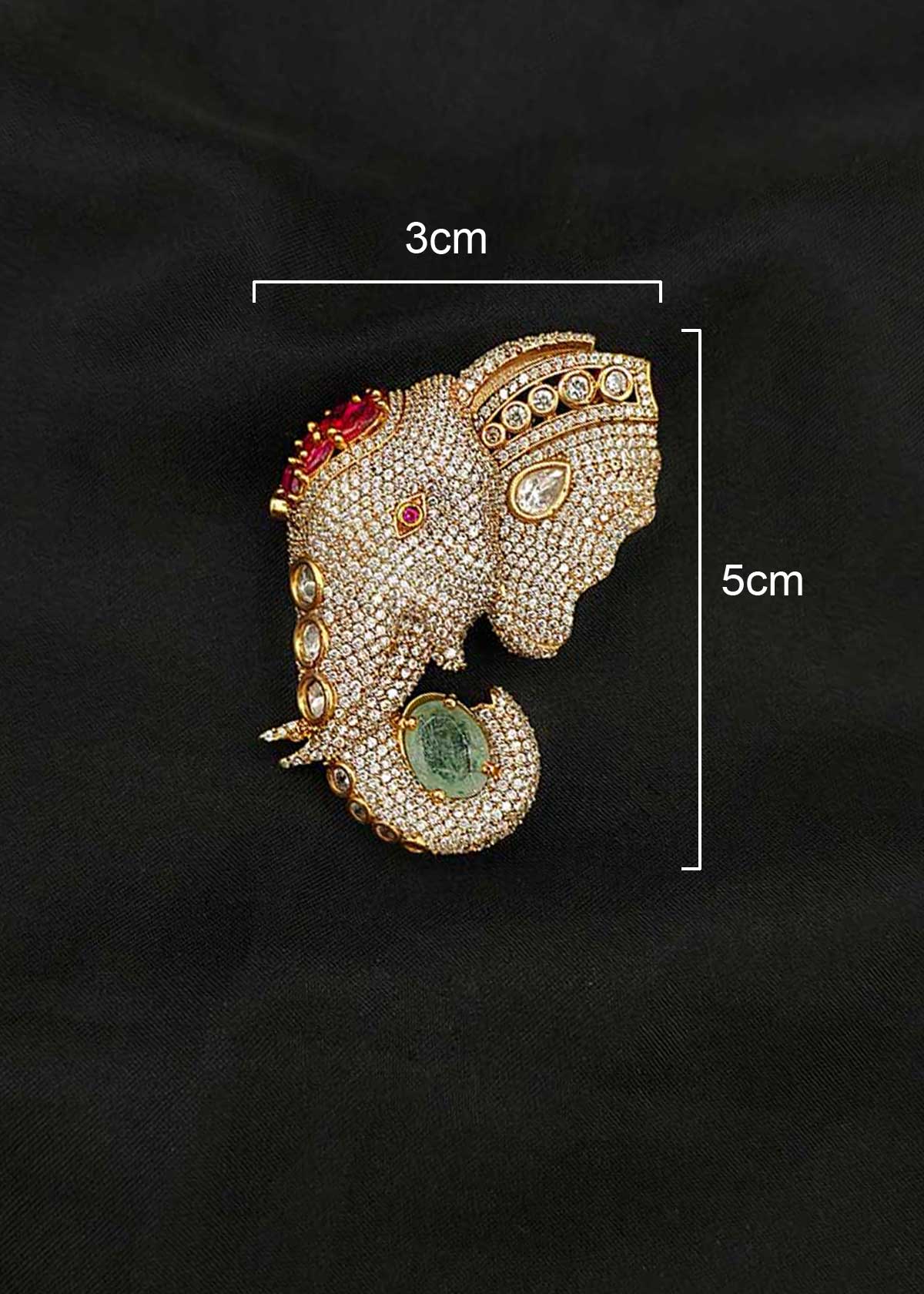 Traditional Kundan, Cubic Zircon Gold Plated Elephant Motif Men’s Brooch / Lapel Pin With Emerald & Ruby Accents