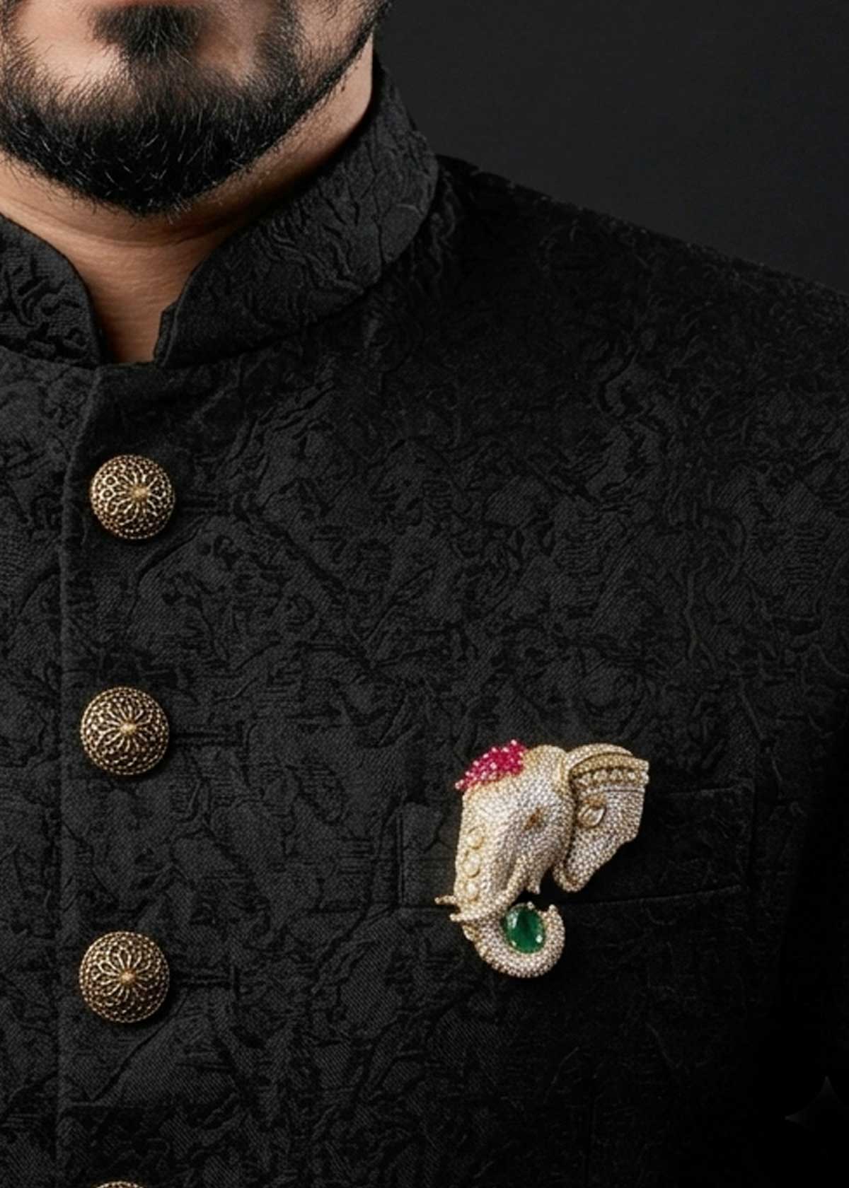 Traditional Kundan, Cubic Zircon Gold Plated Elephant Motif Men’s Brooch / Lapel Pin With Emerald & Ruby Accents