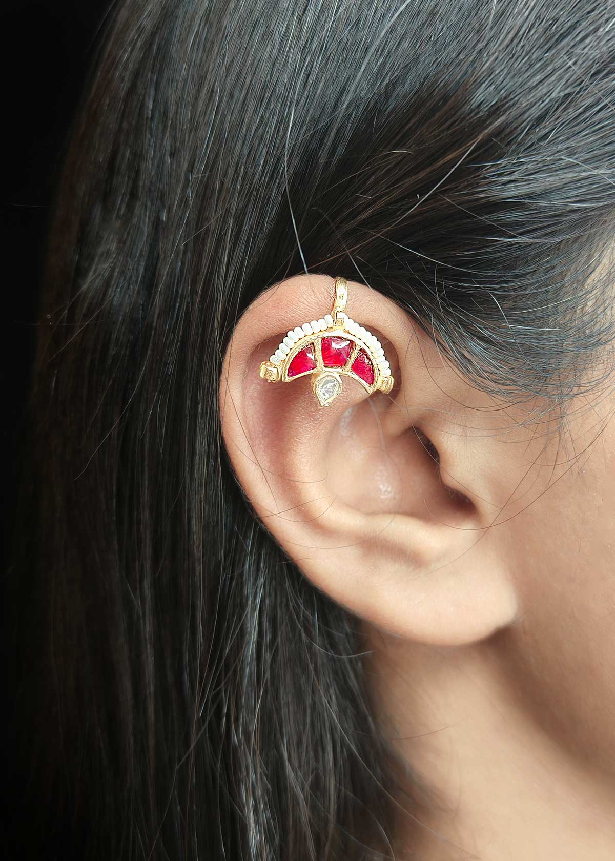 Regal Antique Gold Kundan & Pearl Meenakari Ear Cuff For Women