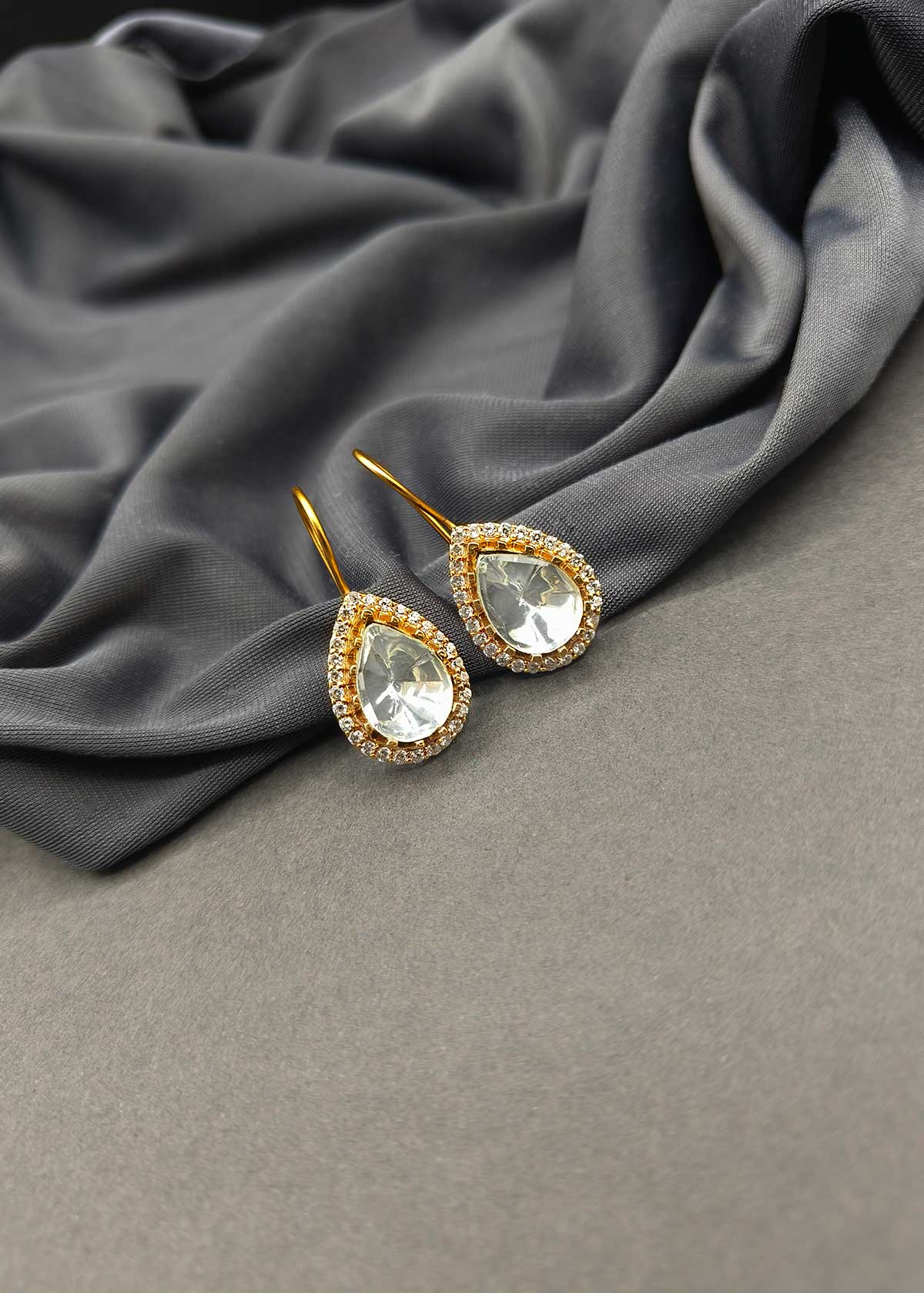 Gold Plated Teardrop Kundan & Cubic Zircon Hook Earrings