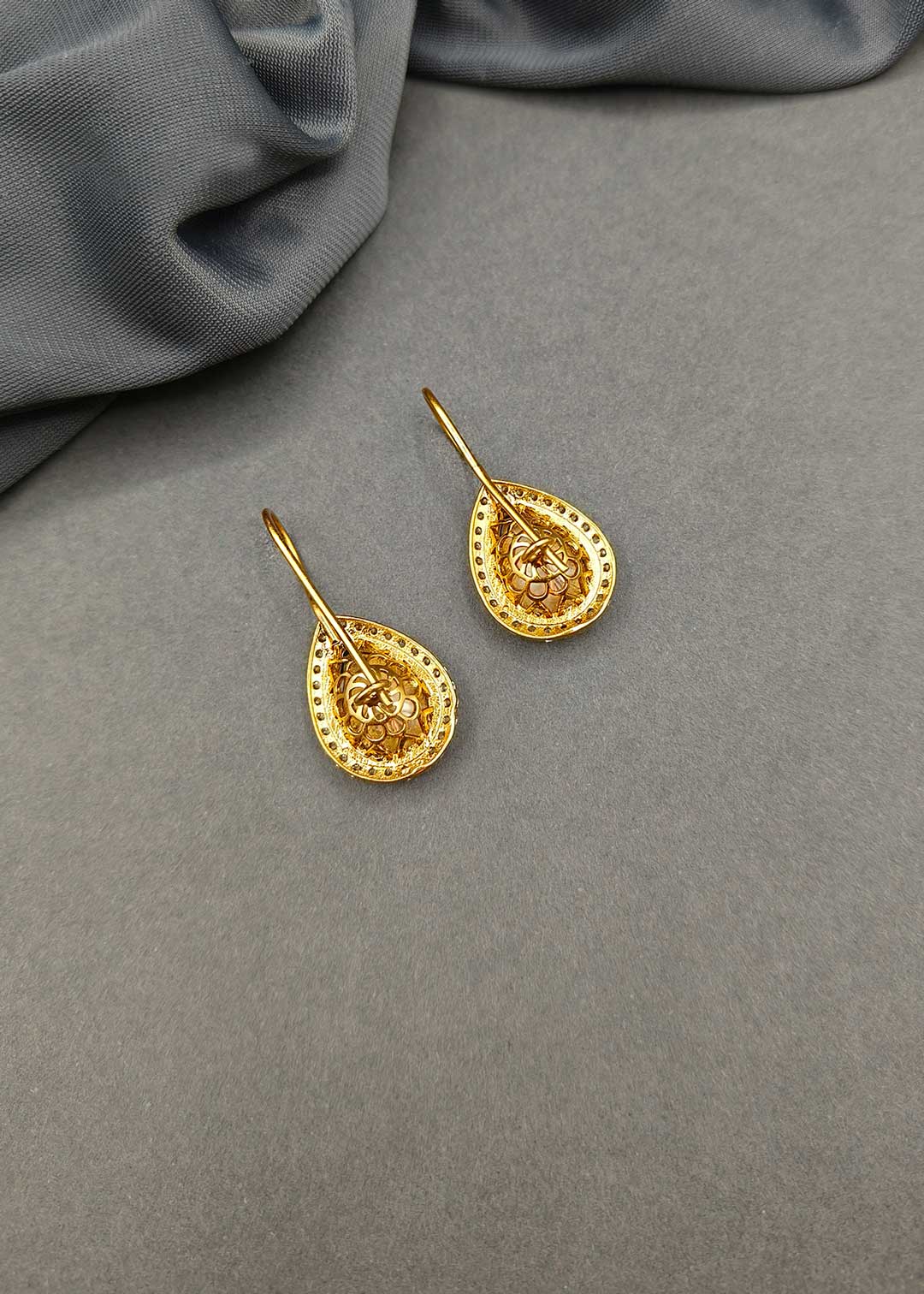 Gold Plated Teardrop Kundan & Cubic Zircon Hook Earrings
