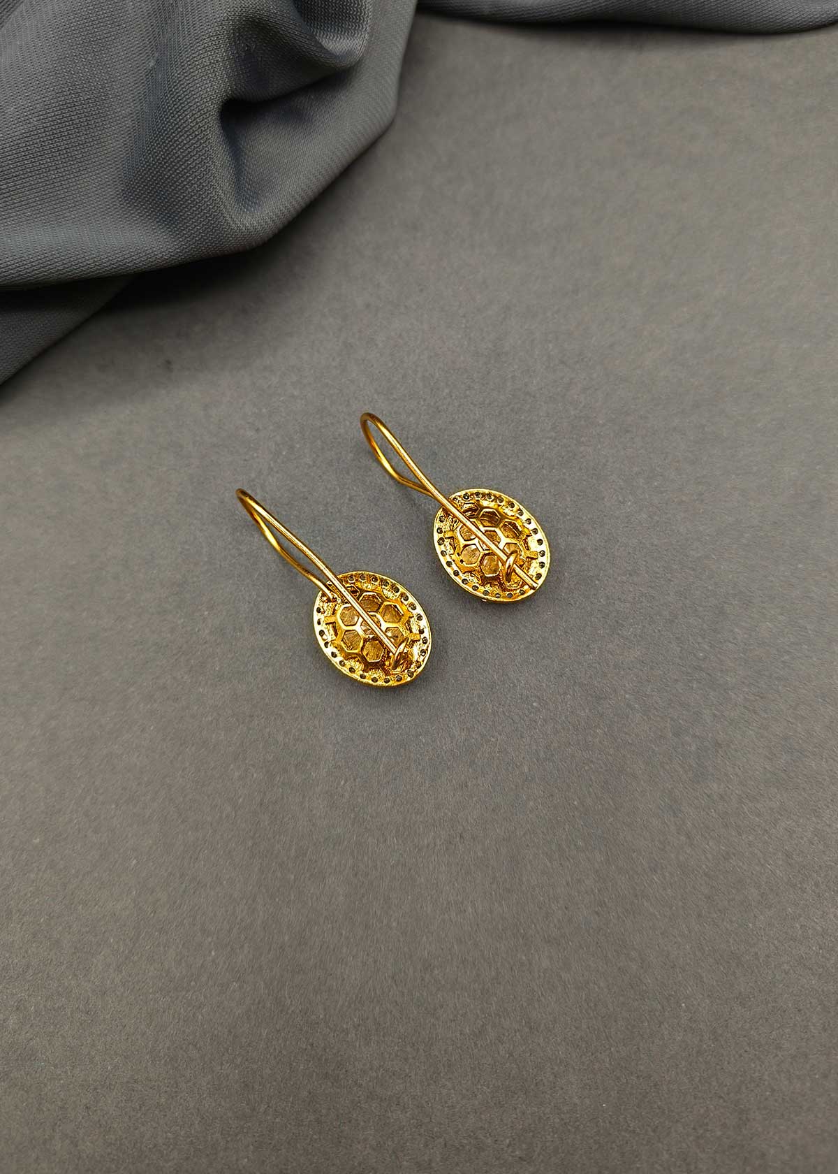 Elegant Oval Cut Gold Plated Kundan & Cubic Zircon Hook Earrings