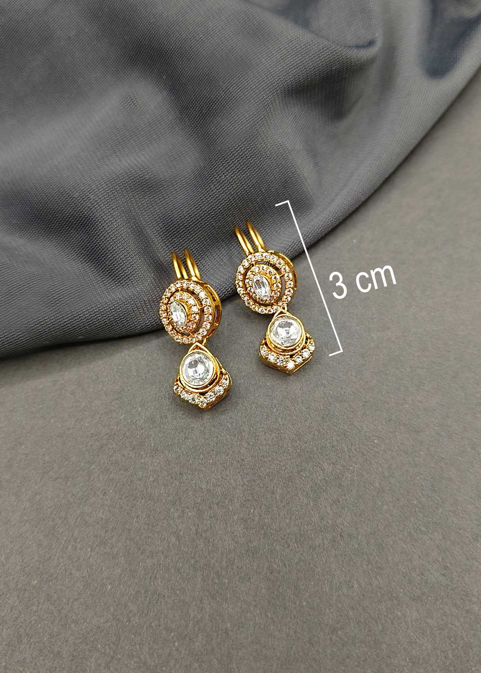 Gold Plated Kundan & Cubic Zircon Dual Layered Drop Ear Cuff / Bugadi Earrings