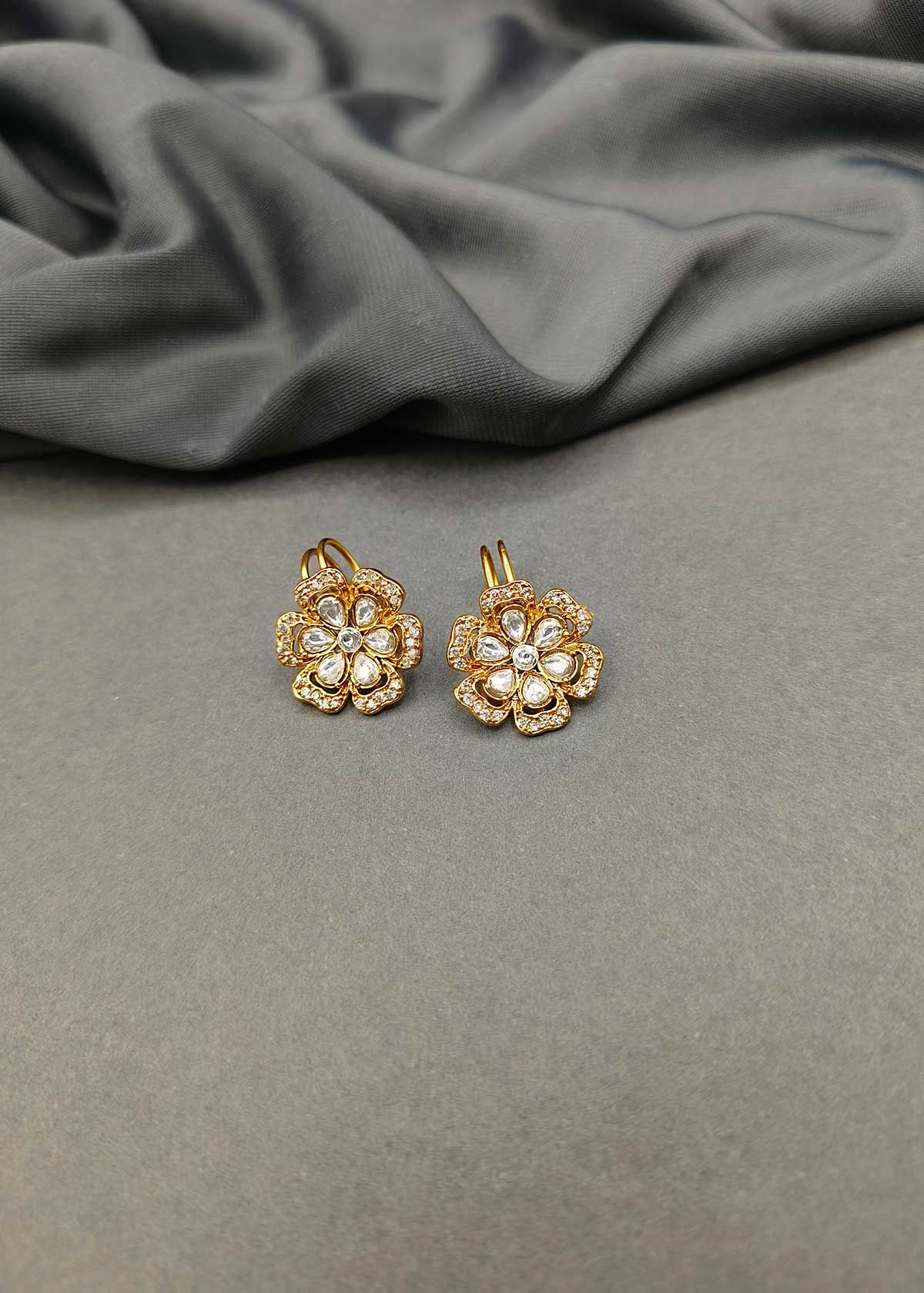 Floral Motif Gold Plated Kundan Ear Cuffs With Shimmering Cubic Zircon