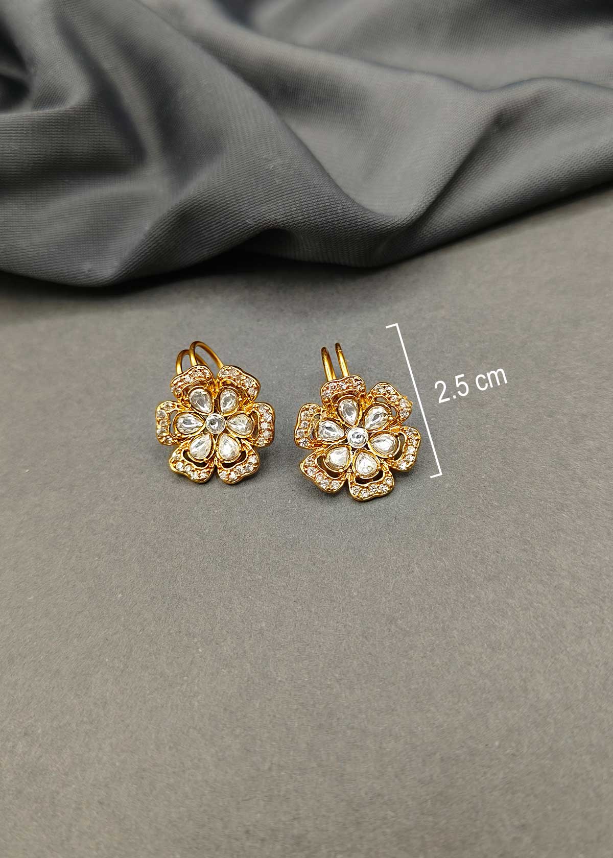 Floral Motif Gold Plated Kundan Ear Cuffs With Shimmering Cubic Zircon
