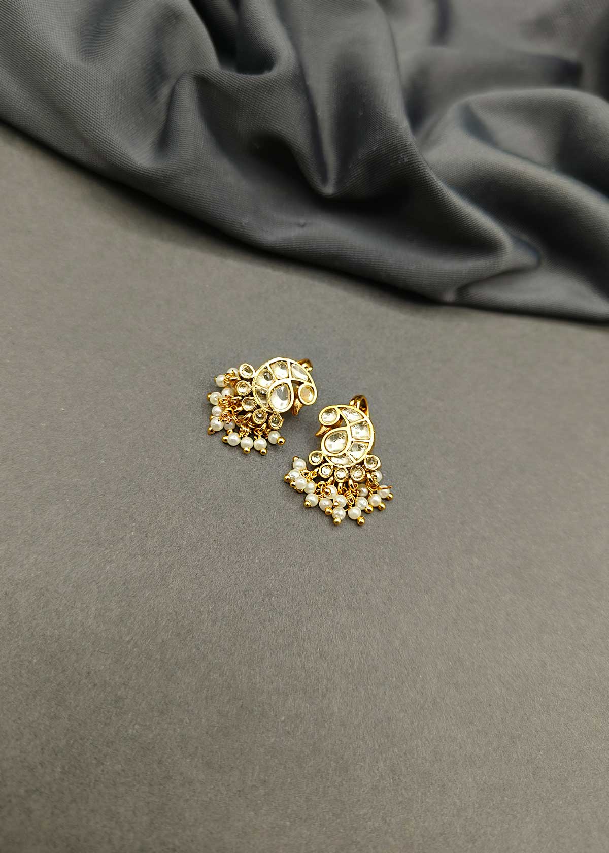 Traditional Maharashtrian Style Gold Peacock Motif Kundan Ear Cuff / Bugadi With Delicate Pearl Droplets