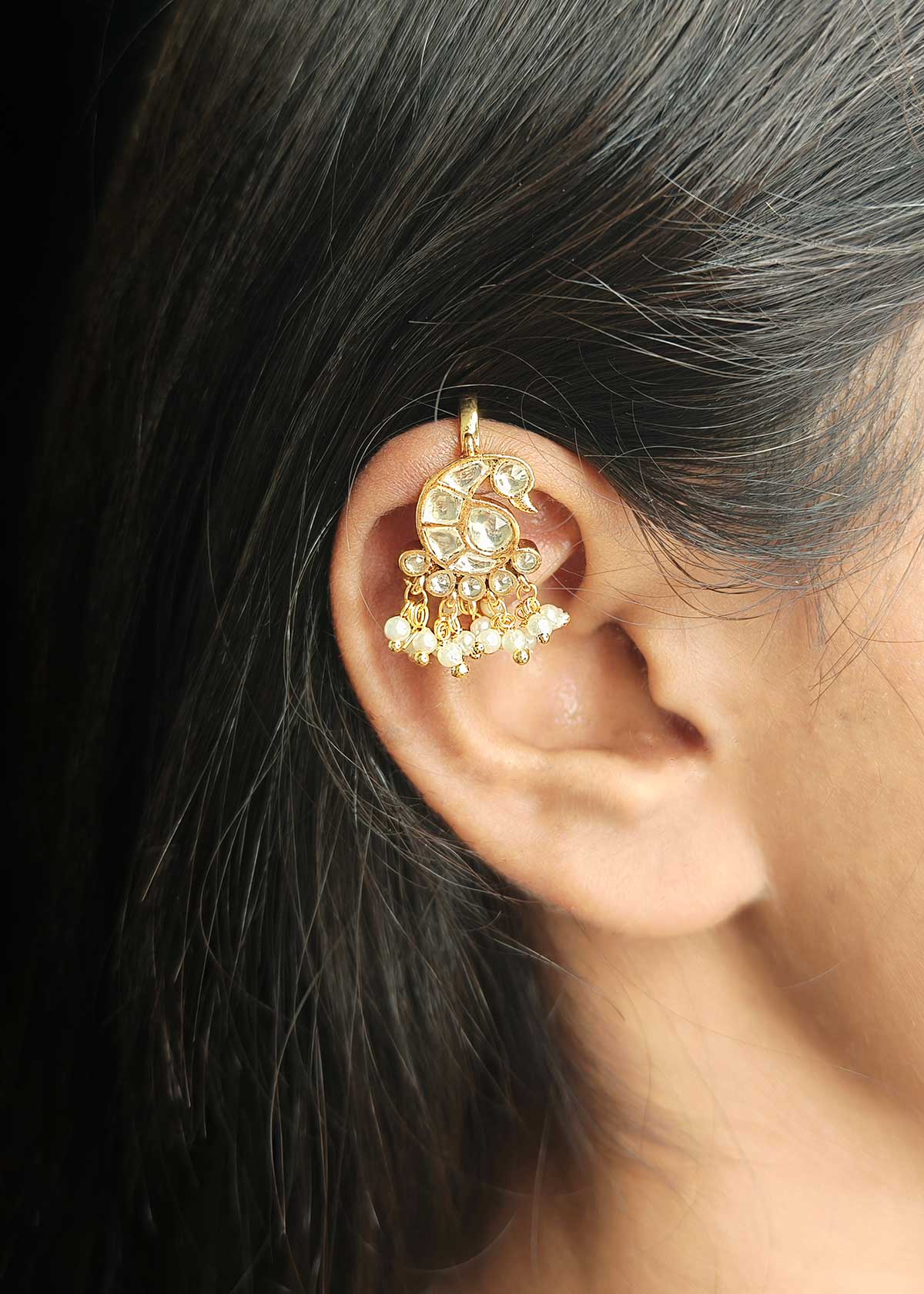 Traditional Maharashtrian Style Gold Peacock Motif Kundan Ear Cuff / Bugadi With Delicate Pearl Droplets