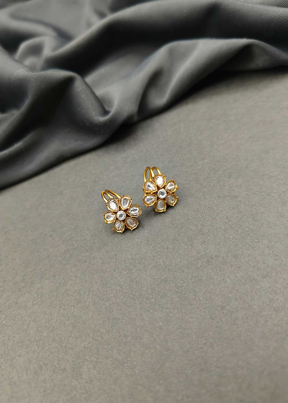 Classic Gold Plated Seven Petal Kundan Floral Ear Cuff / Bugadi Earrings