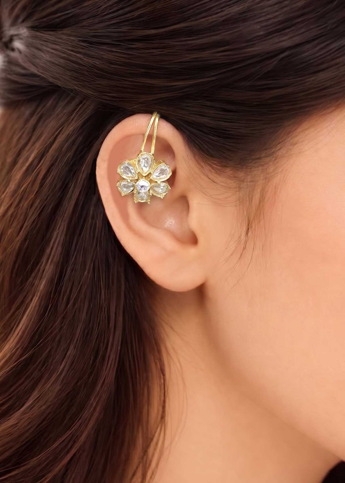 Classic Gold Plated Seven Petal Kundan Floral Ear Cuff / Bugadi Earrings For Women