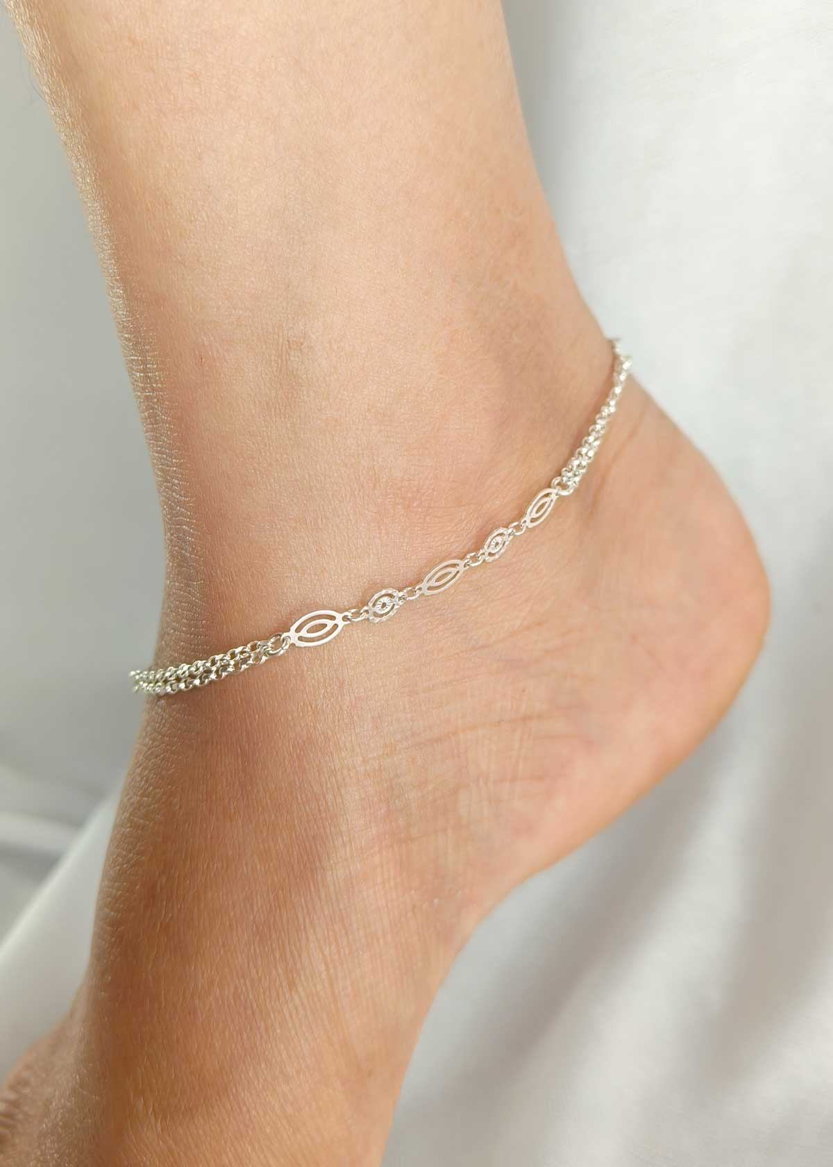 92.5 Sterling Silver Dual Chain Oval & Circular Link Adjustable Payal / Anklet For Women