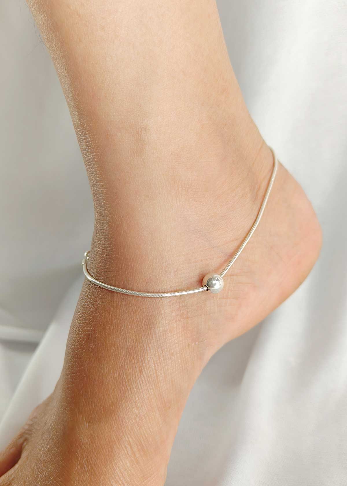 92.5 Sterling Silver Snake Chain Adjustable Payal / Anklet For Women With Single High Polish Bead
