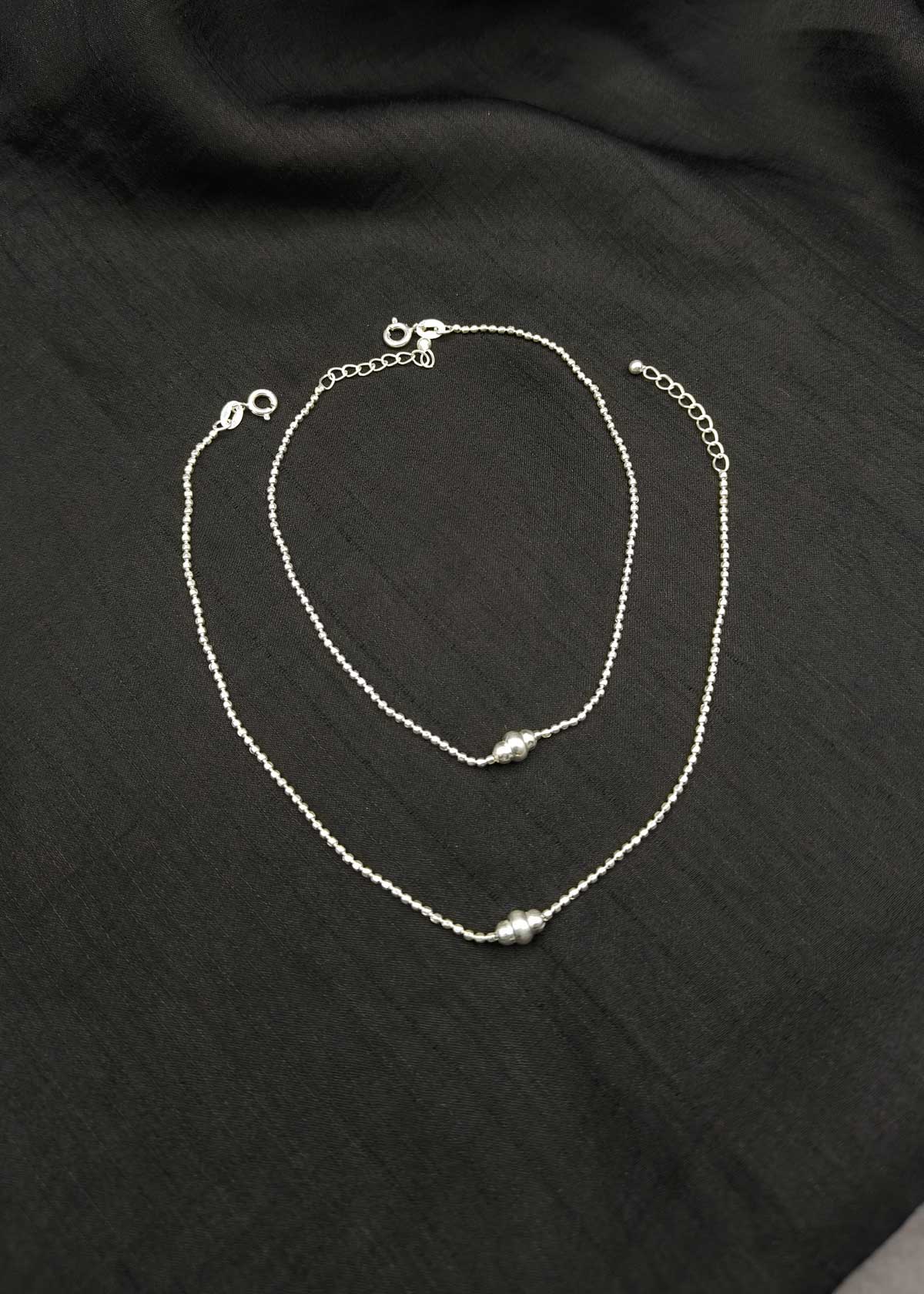 92.5 Sterling Silver Bead Link Chain Adjustable Payal / Anklet With Triple Bead Focal Point