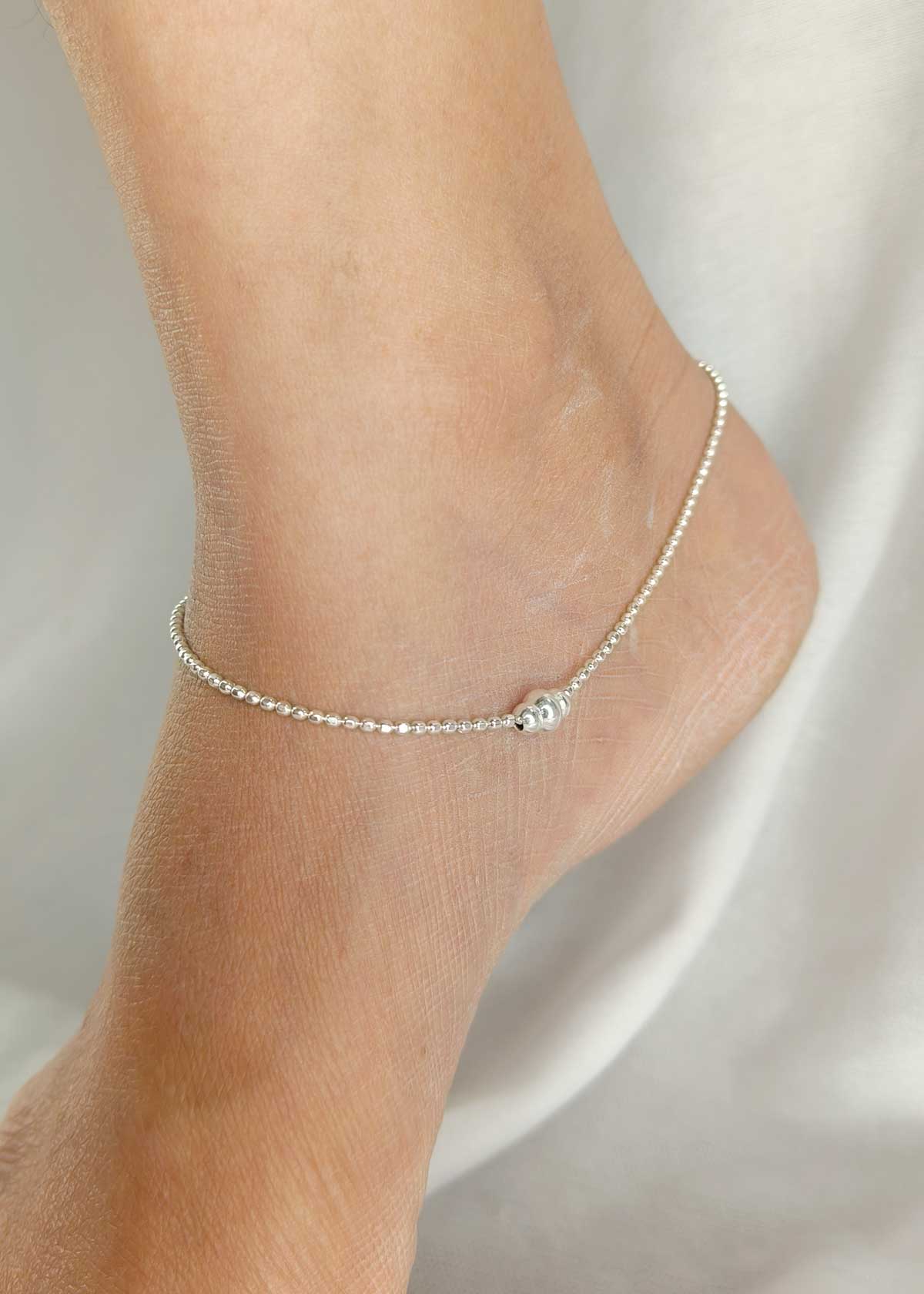 92.5 Sterling Silver Bead Link Chain Adjustable Payal / Anklet With Triple Bead Focal Point