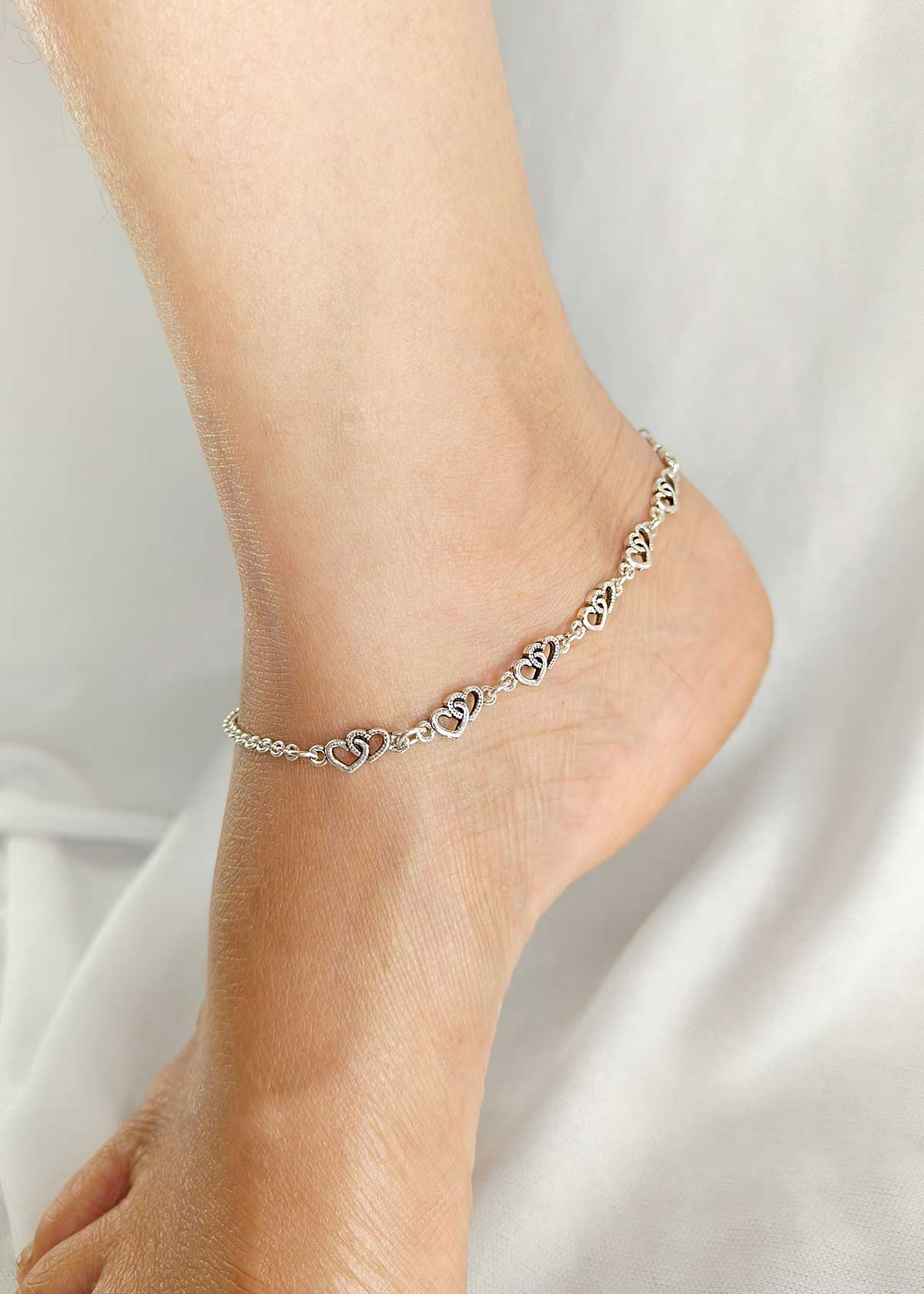 92.5 Sterling Silver Interlocking Heart Link Adjustable Payal / Anklet For Women