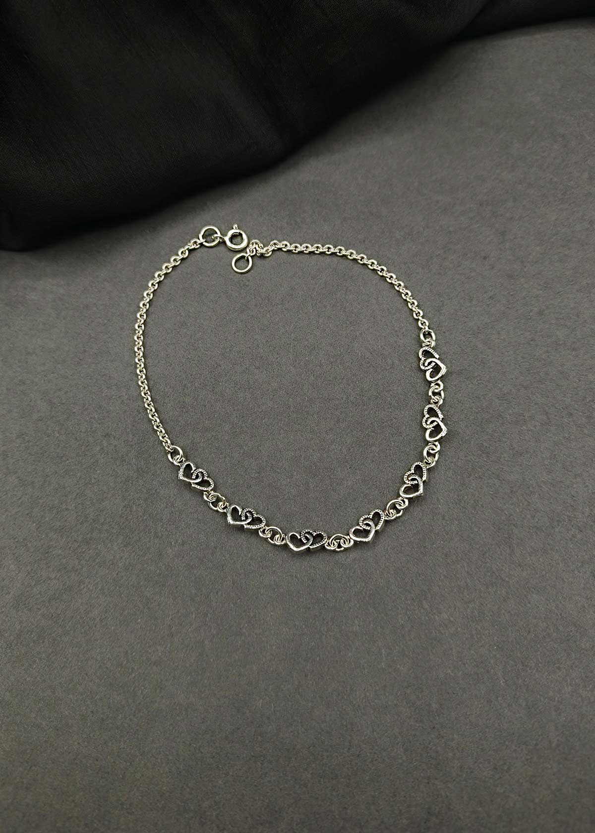 92.5 Sterling Silver Interlocking Heart Link Adjustable Payal / Anklet For Women