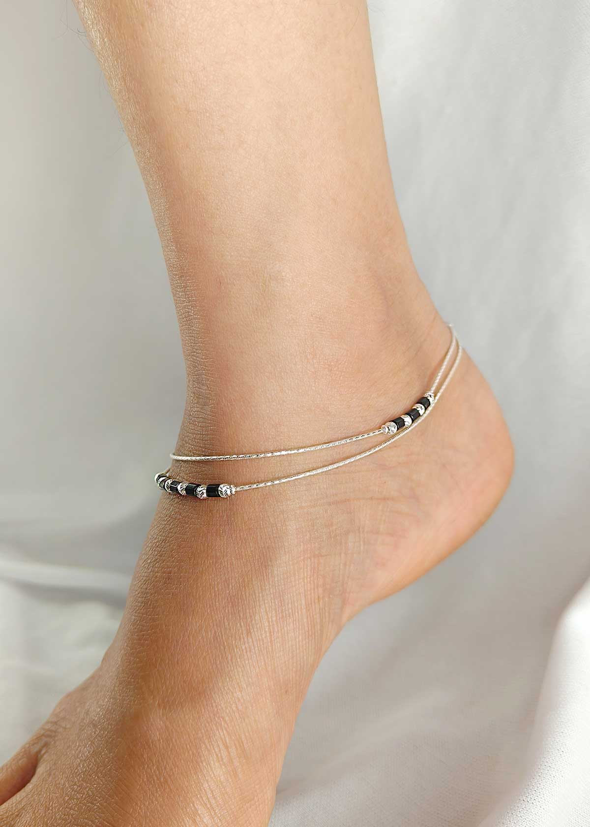 92.5 Sterling Silver Double Layer Payal / Anklet With Black & Silver Beads