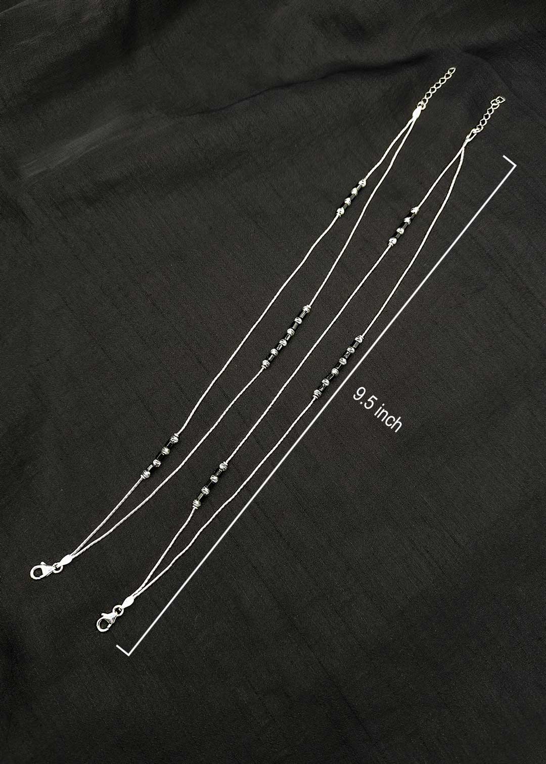 92.5 Sterling Silver Double Layer Payal / Anklet With Black & Silver Beads