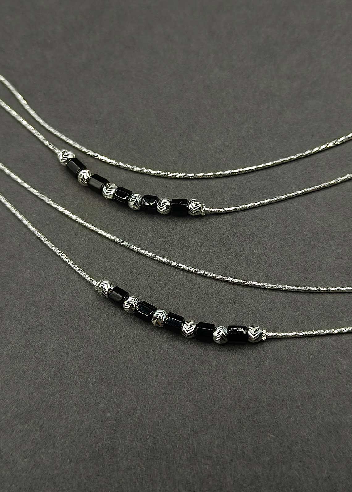 92.5 Sterling Silver Double Layer Payal / Anklet With Black & Silver Beads