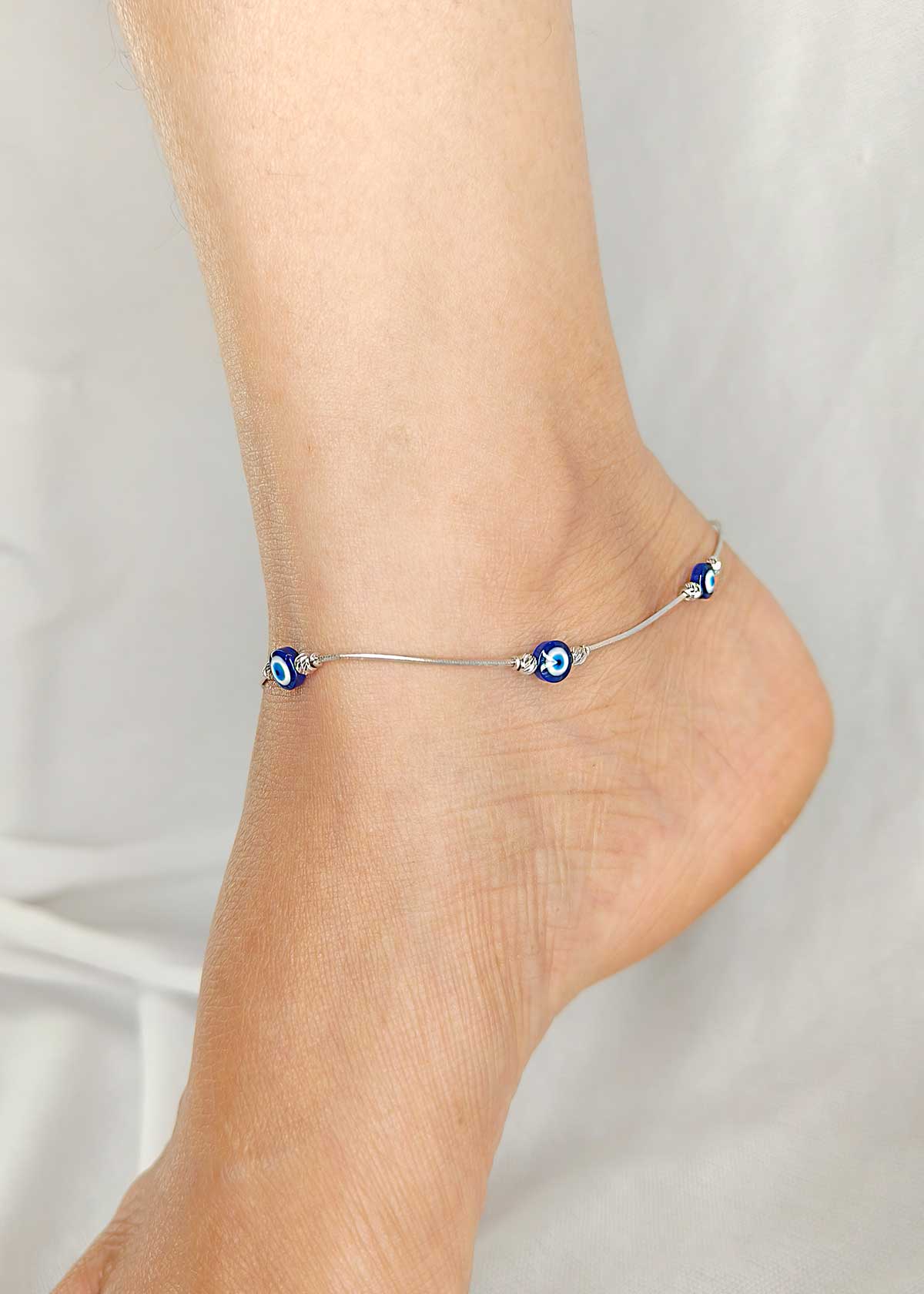 92.5 Sterling Silver Evil Eye Adjustable Payal / Anklet For Women