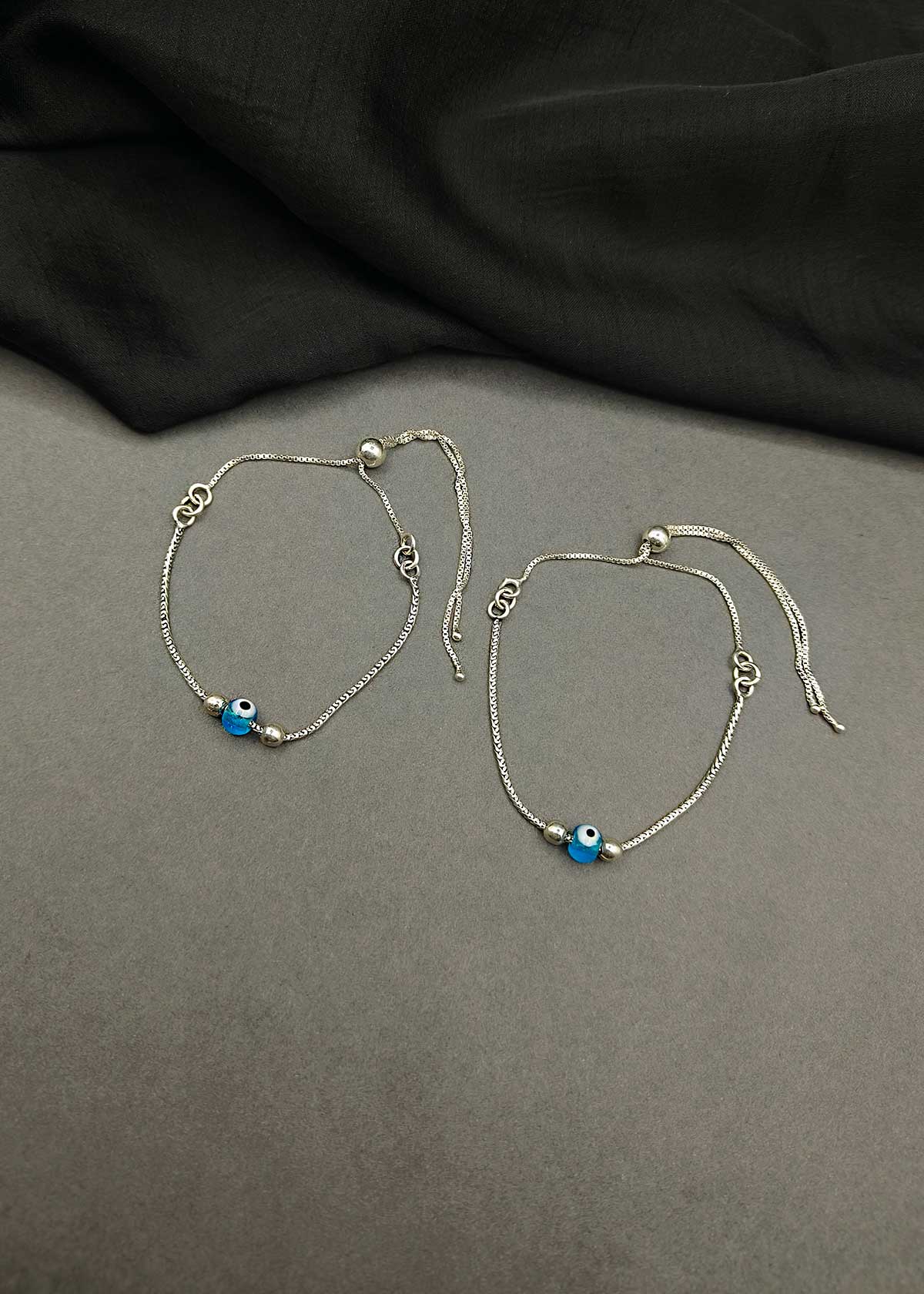 92.5 Sterling Silver Evil Eye Fully Adjustable Slider Payal / Anklet For Women