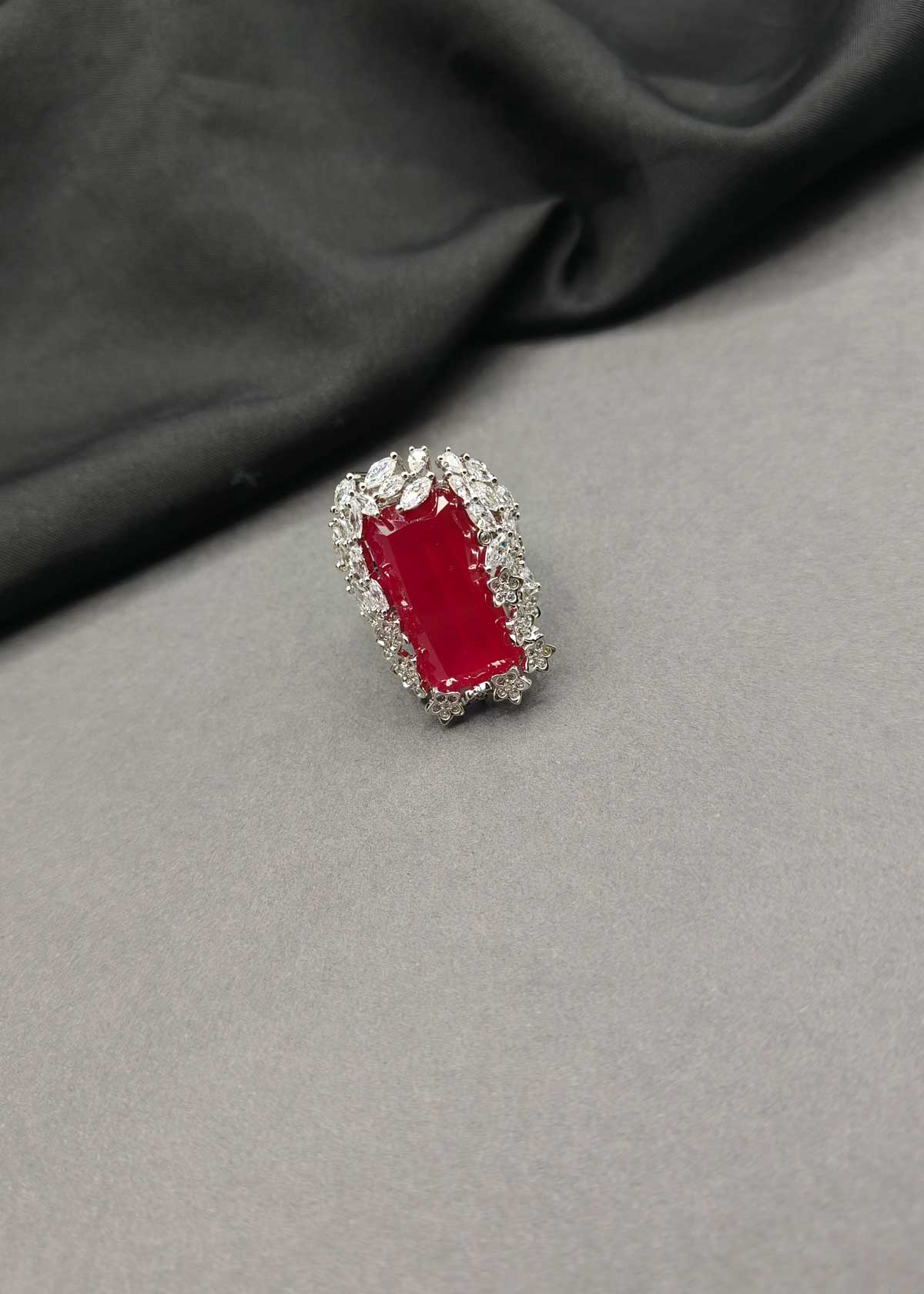 Vintage Inspired Oversized Rectangular Emerald & Ruby Silver Adjustable Ring With Marquise Diamond Border