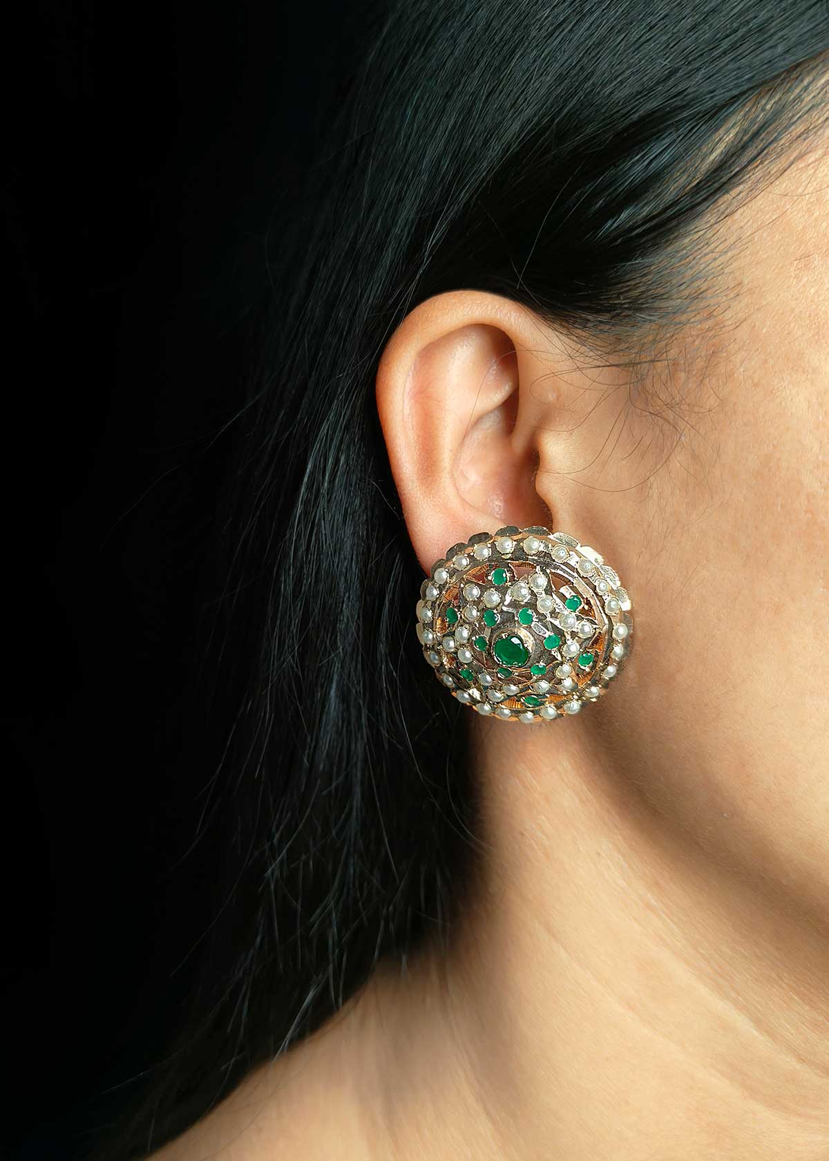 Gold Plated Heritage Jadau Dome Studs With Kemp & Seed Pearls