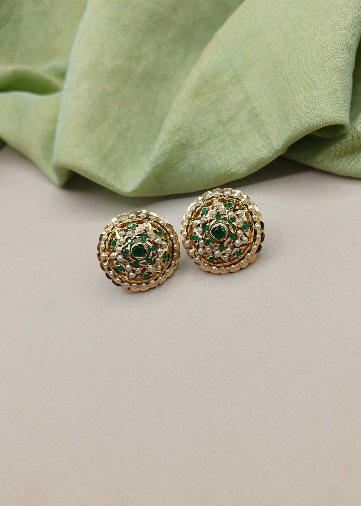 Gold Plated Heritage Jadau Dome Studs With Kemp & Seed Pearls