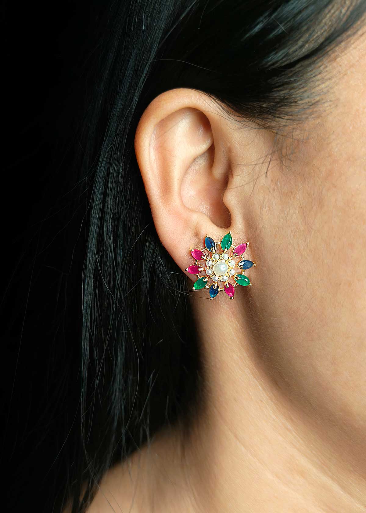Navratan Inspired Sunburst Gold Plated Multi Gem & Pearl Studs