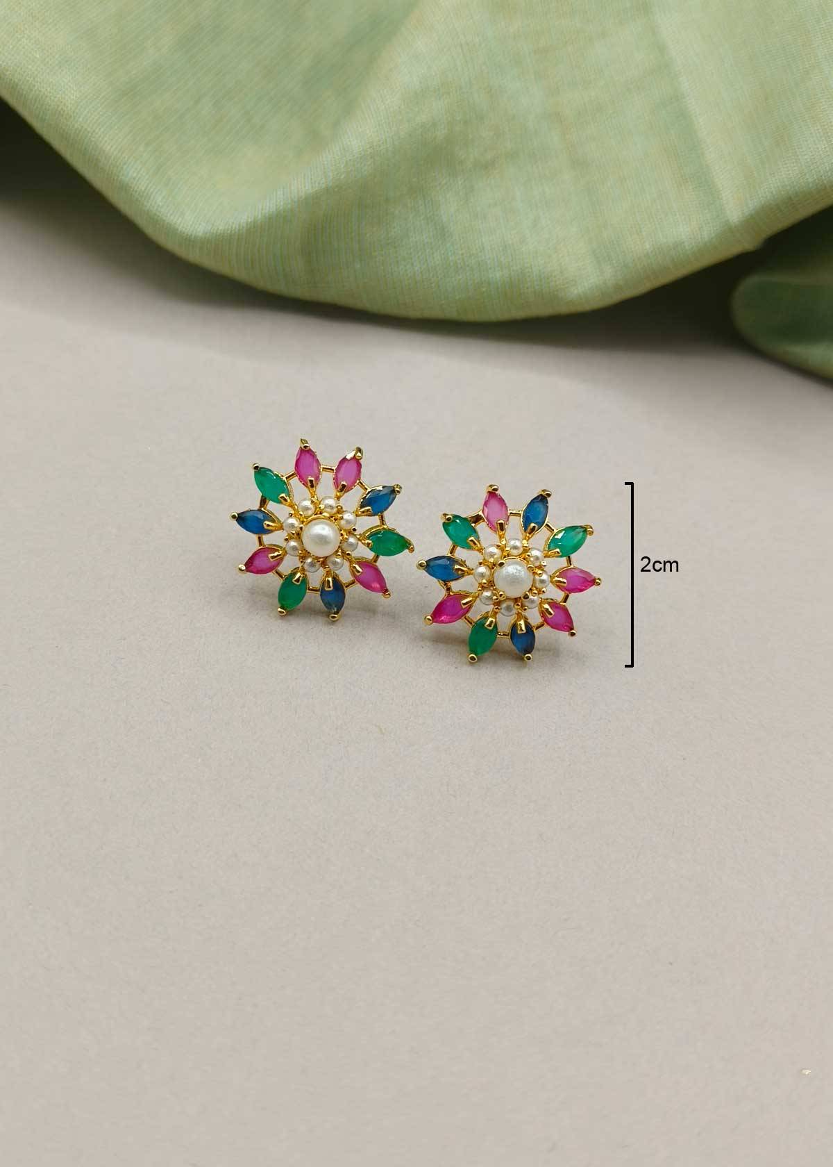 Navratan Inspired Sunburst Gold Plated Multi Gem & Pearl Studs