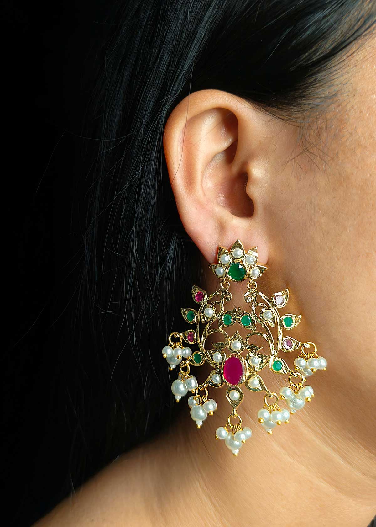 Imperial Heritage Jadau Gold Plated Ruby & Emerald Pearl Drop Long Earrings