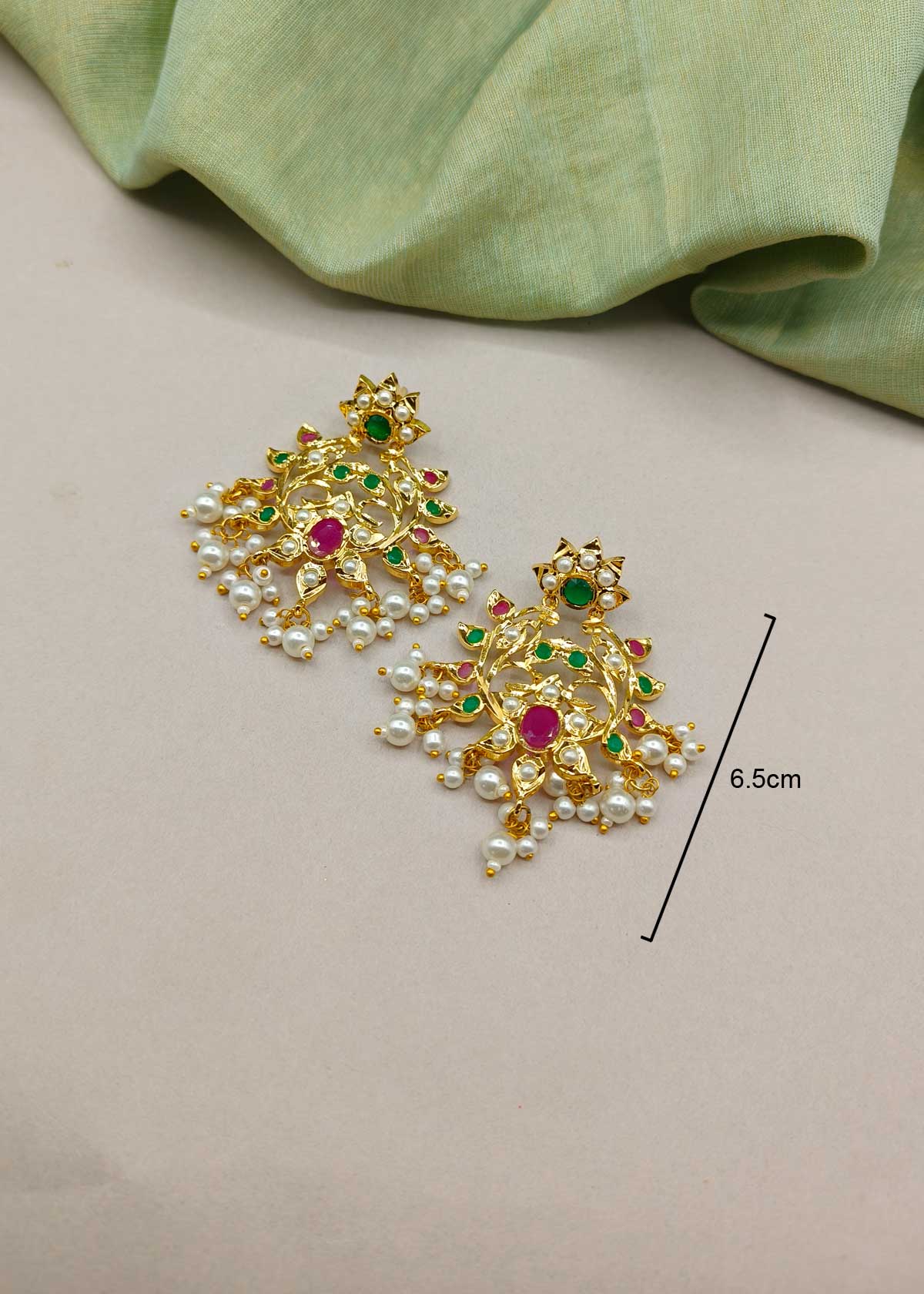 Imperial Heritage Jadau Gold Plated Ruby & Emerald Pearl Drop Long Earrings