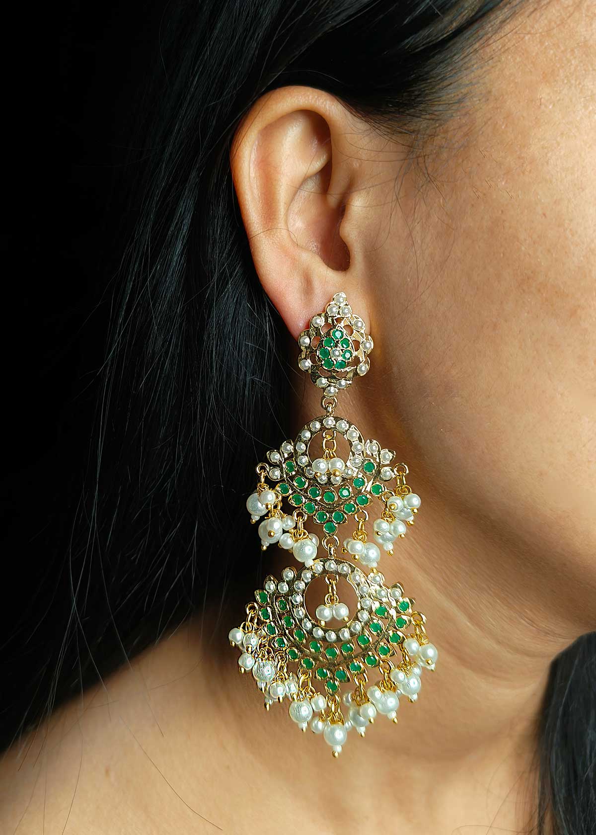 Majestic Tiered Jadau Chandbalis Earrings With Multi Gems & Pearl Clusters