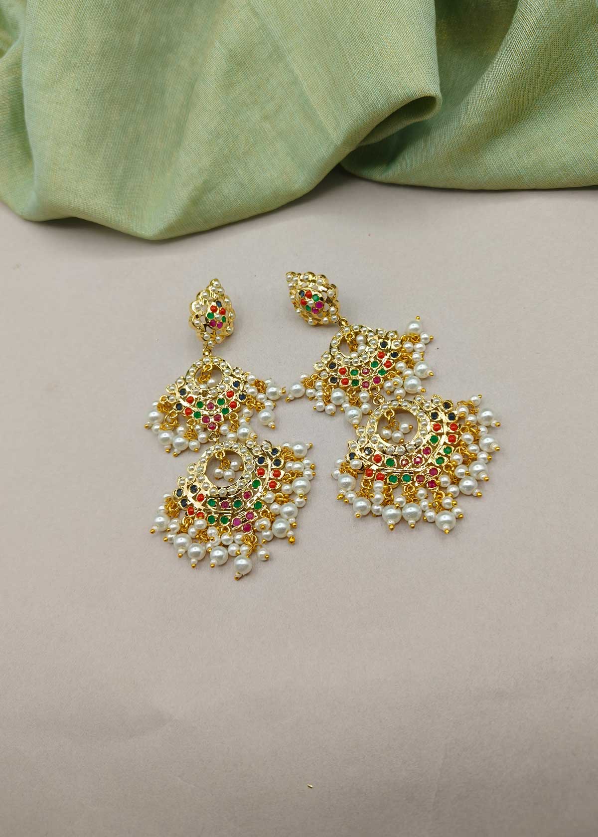 Majestic Tiered Jadau Chandbalis Earrings With Multi Gems & Pearl Clusters