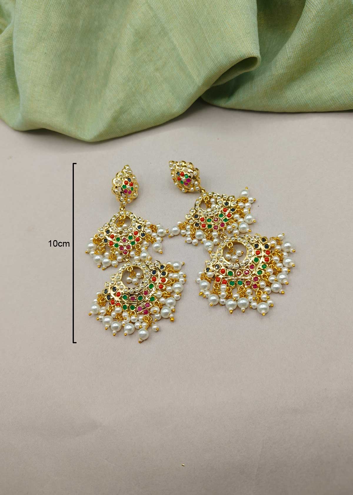 Majestic Tiered Jadau Chandbalis Earrings With Multi Gems & Pearl Clusters