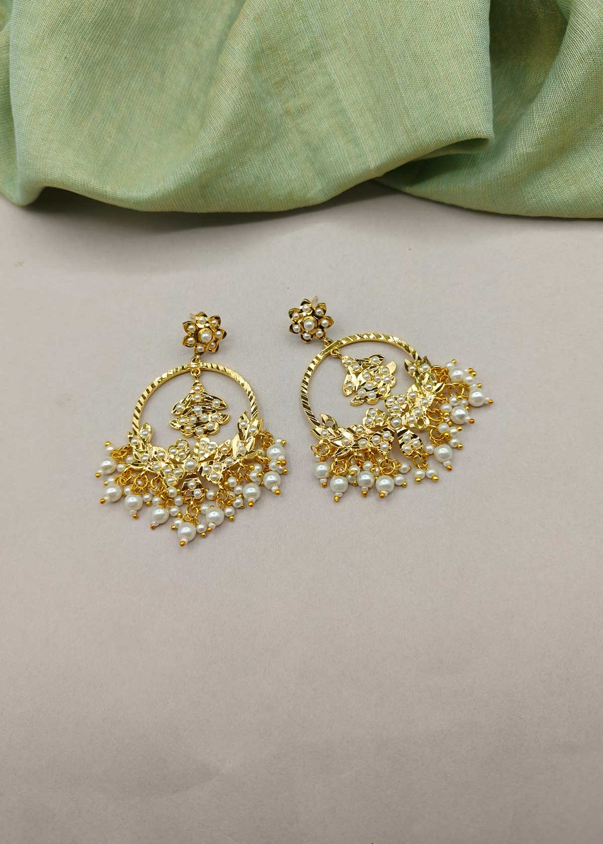 Floral Heritage Jadau Chandbali Earrings With Kemp & Pearl Clusters