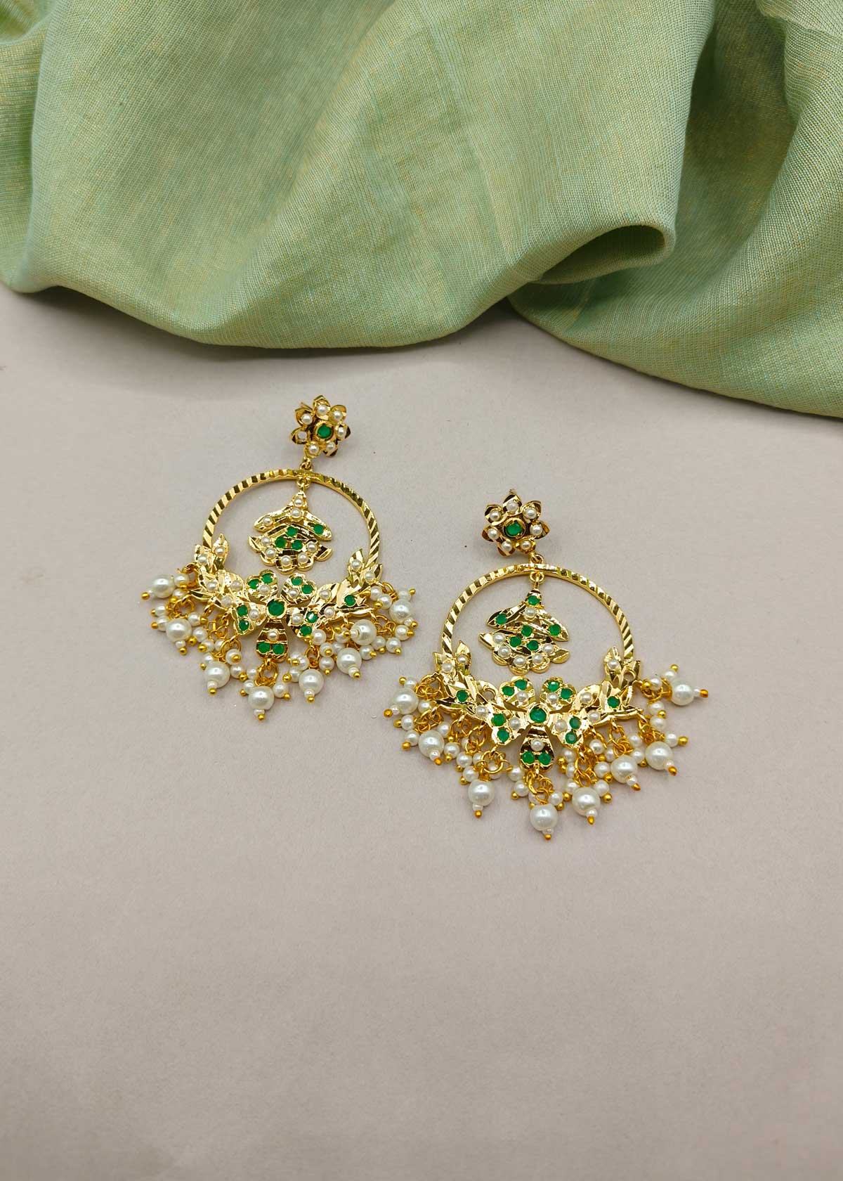 Floral Heritage Jadau Chandbali Earrings With Kemp & Pearl Clusters