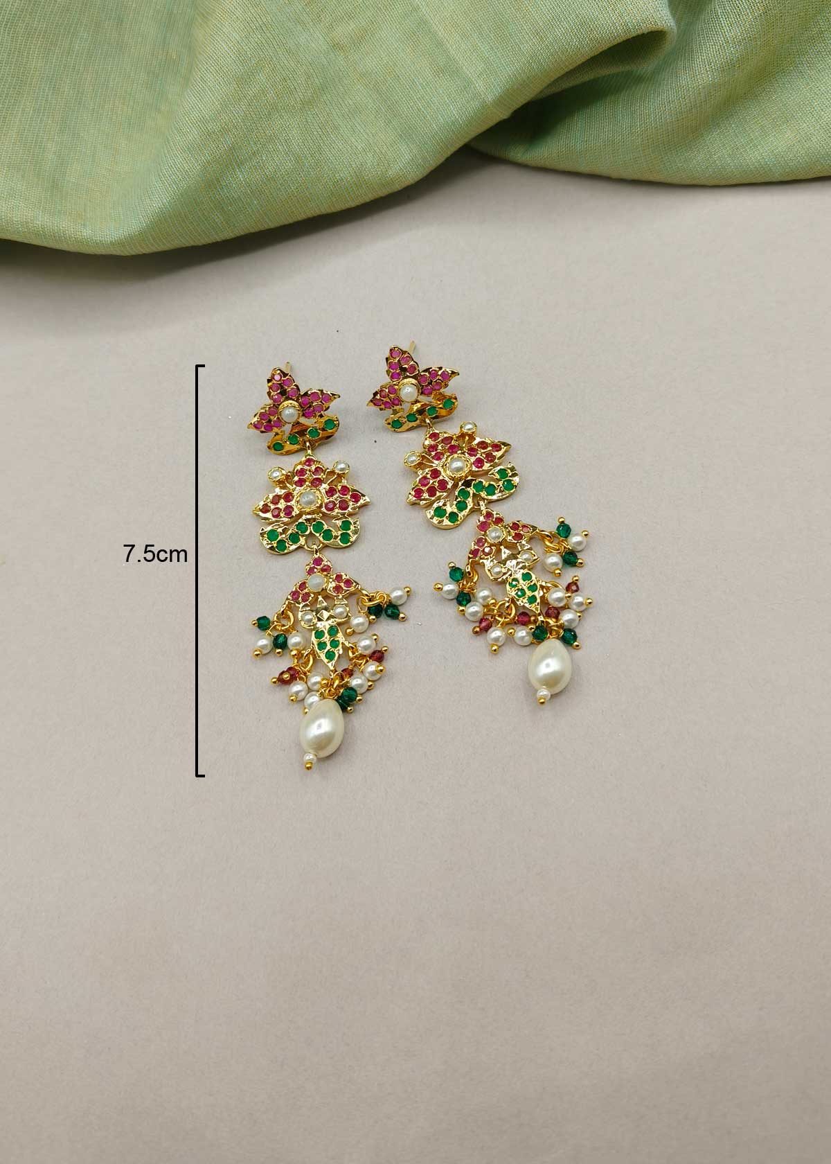 Lavish Triple Tier Jadau Long Earrings With Pearl Drops