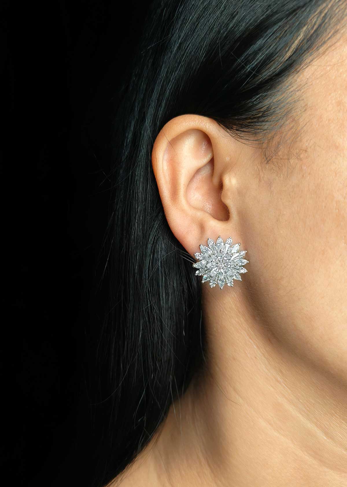Elegant Floral Sunburst Silver Plated Marquise Diamond Stud Earrings