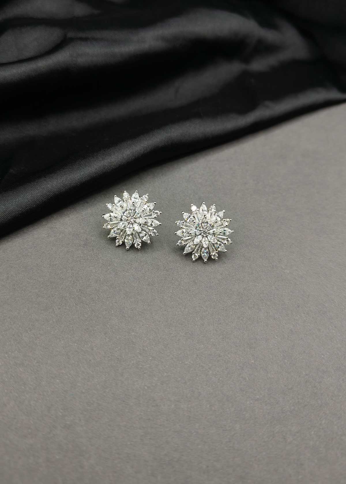 Elegant Floral Sunburst Silver Plated Marquise Diamond Stud Earrings