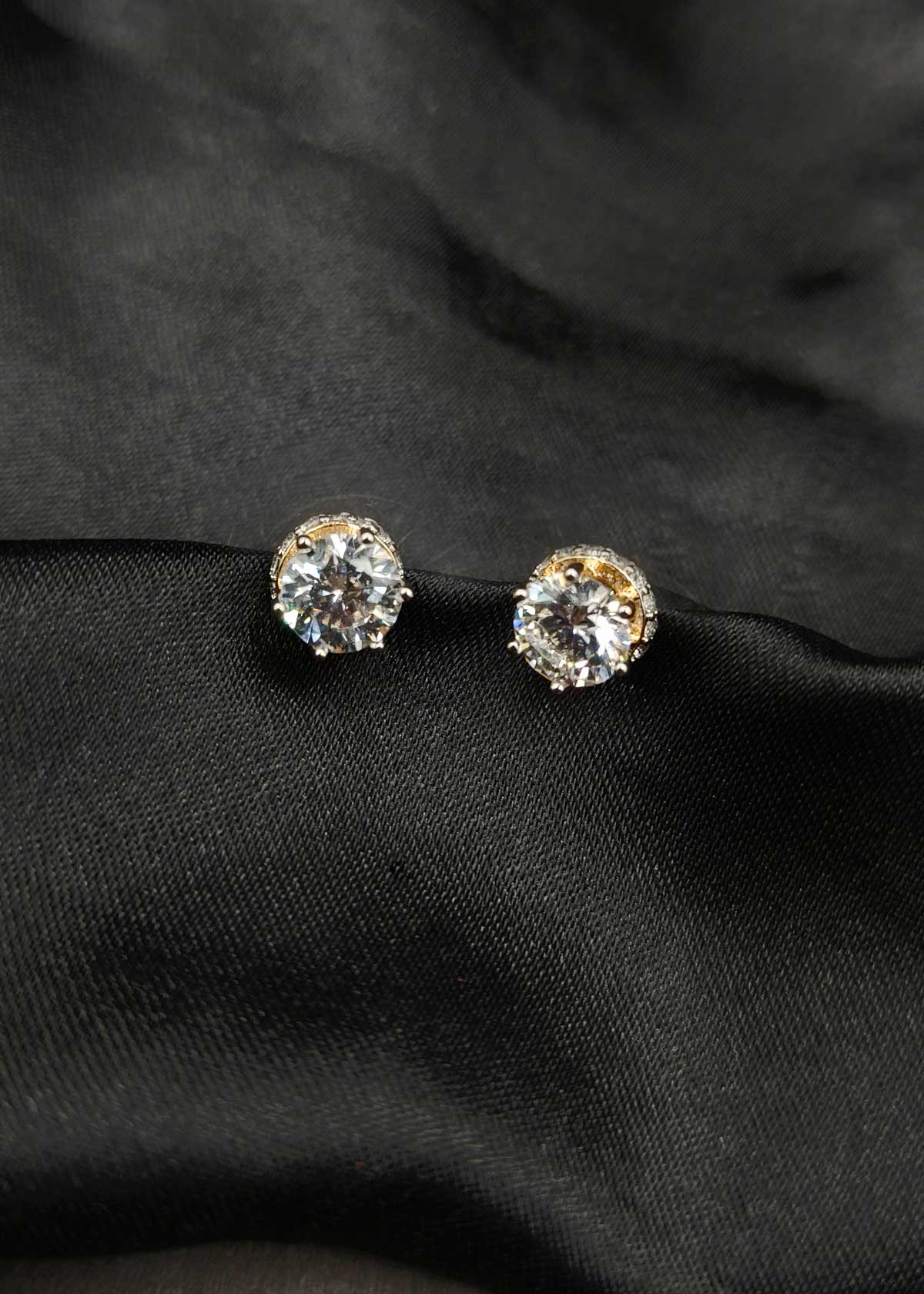 Radiant Dual Tone Solitaire Halo Stud Earrings