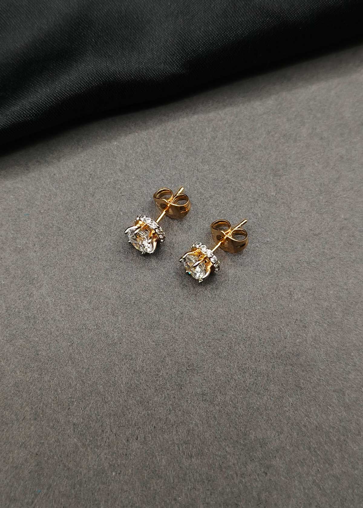 Radiant Dual Tone Solitaire Halo Stud Earrings